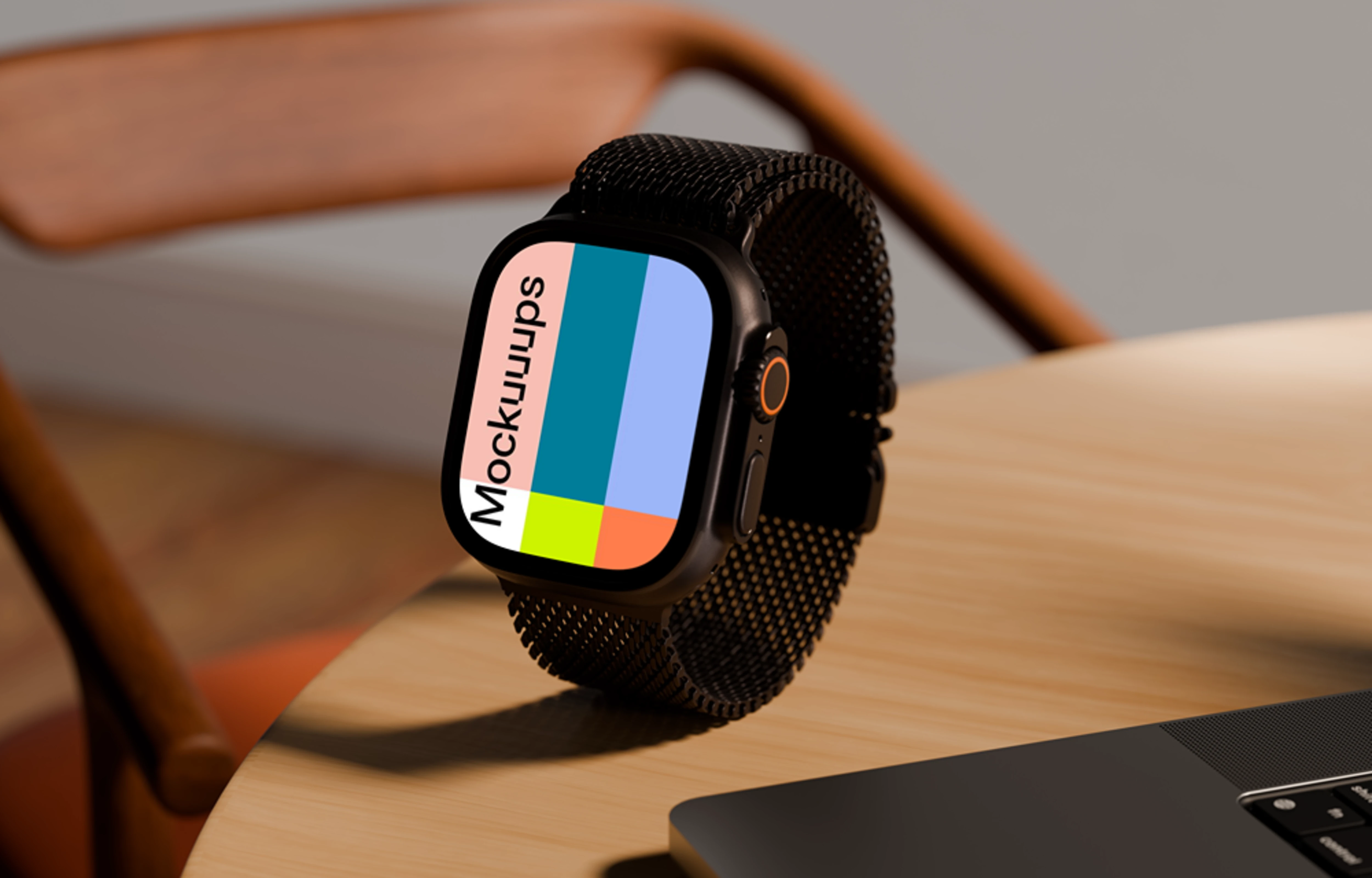 Apple Watch Ultra mockup on a wooden desk