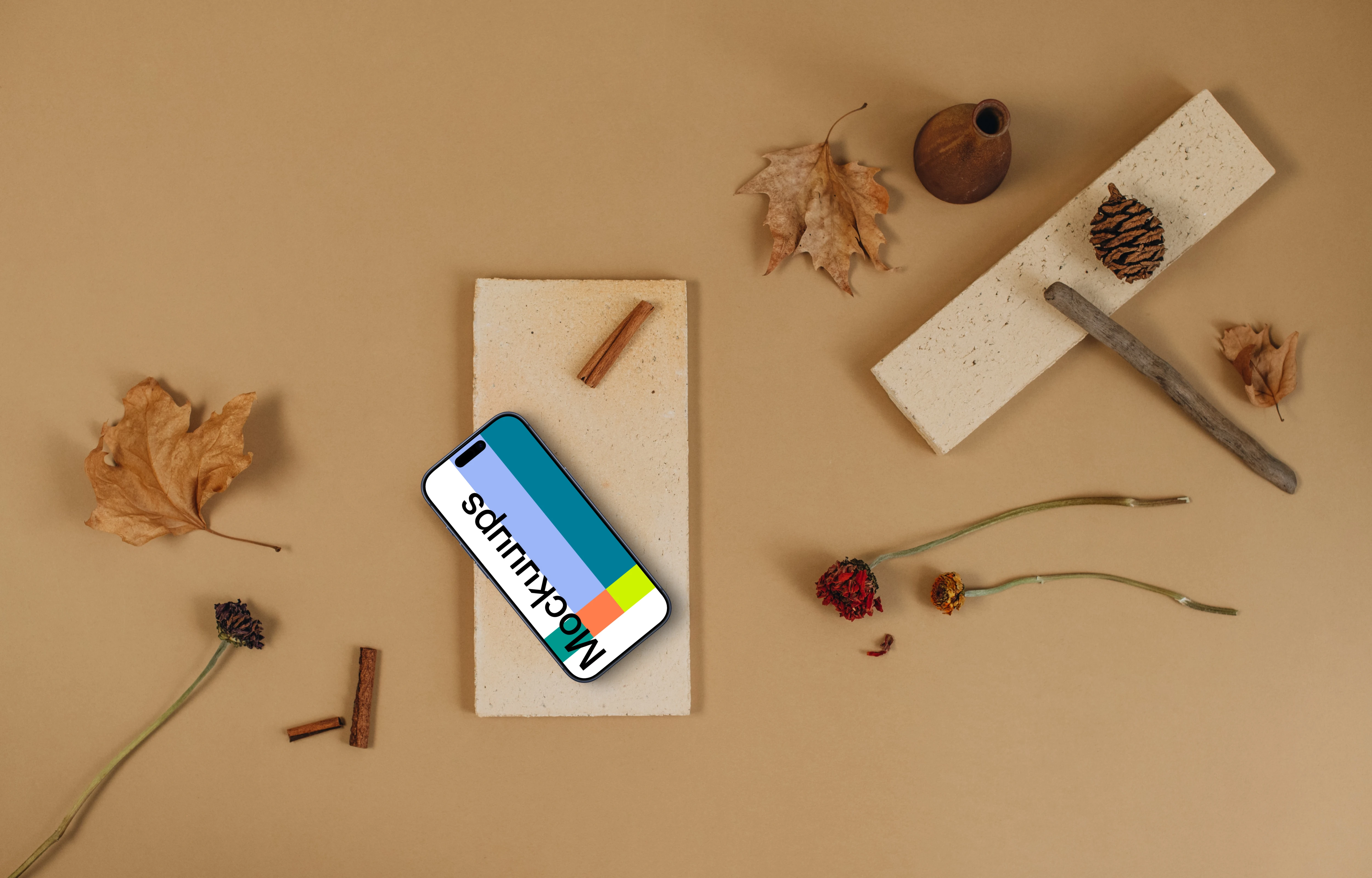 Autumn scene with smartphone mockup on the brick