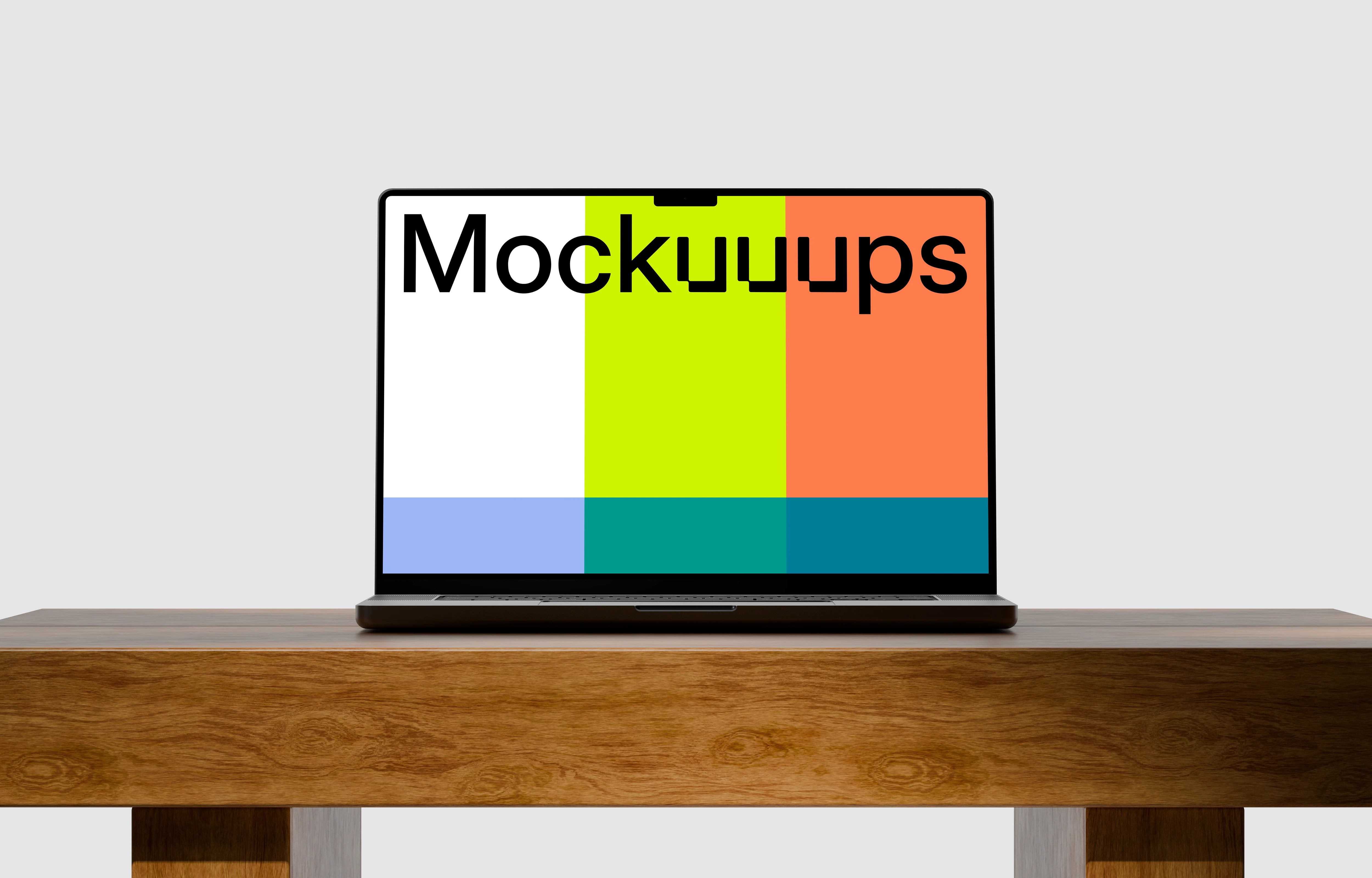 MacBook Pro 14 mockup on wooden table with white background
