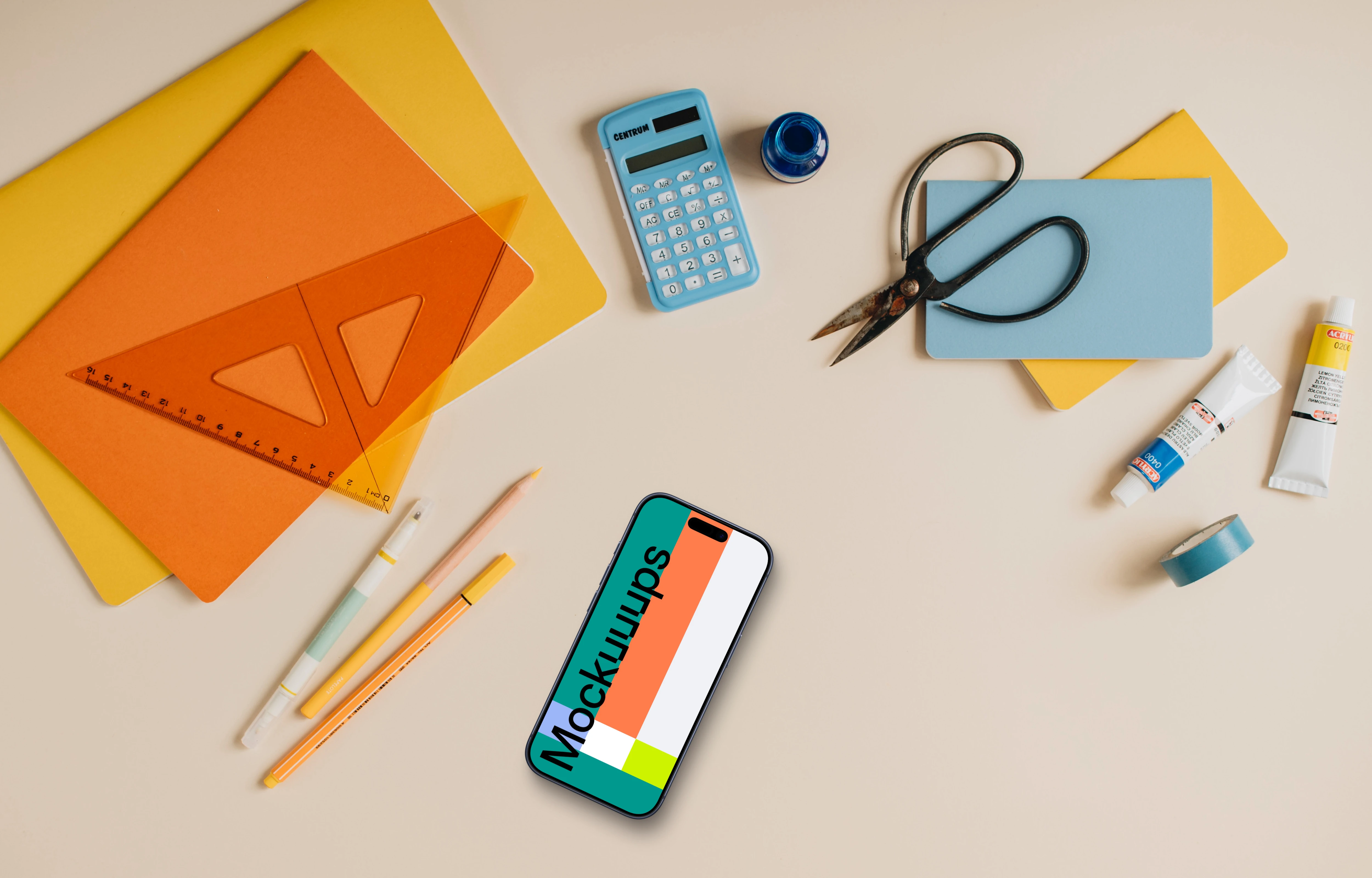 Back to school mockup with a phone and school equipment