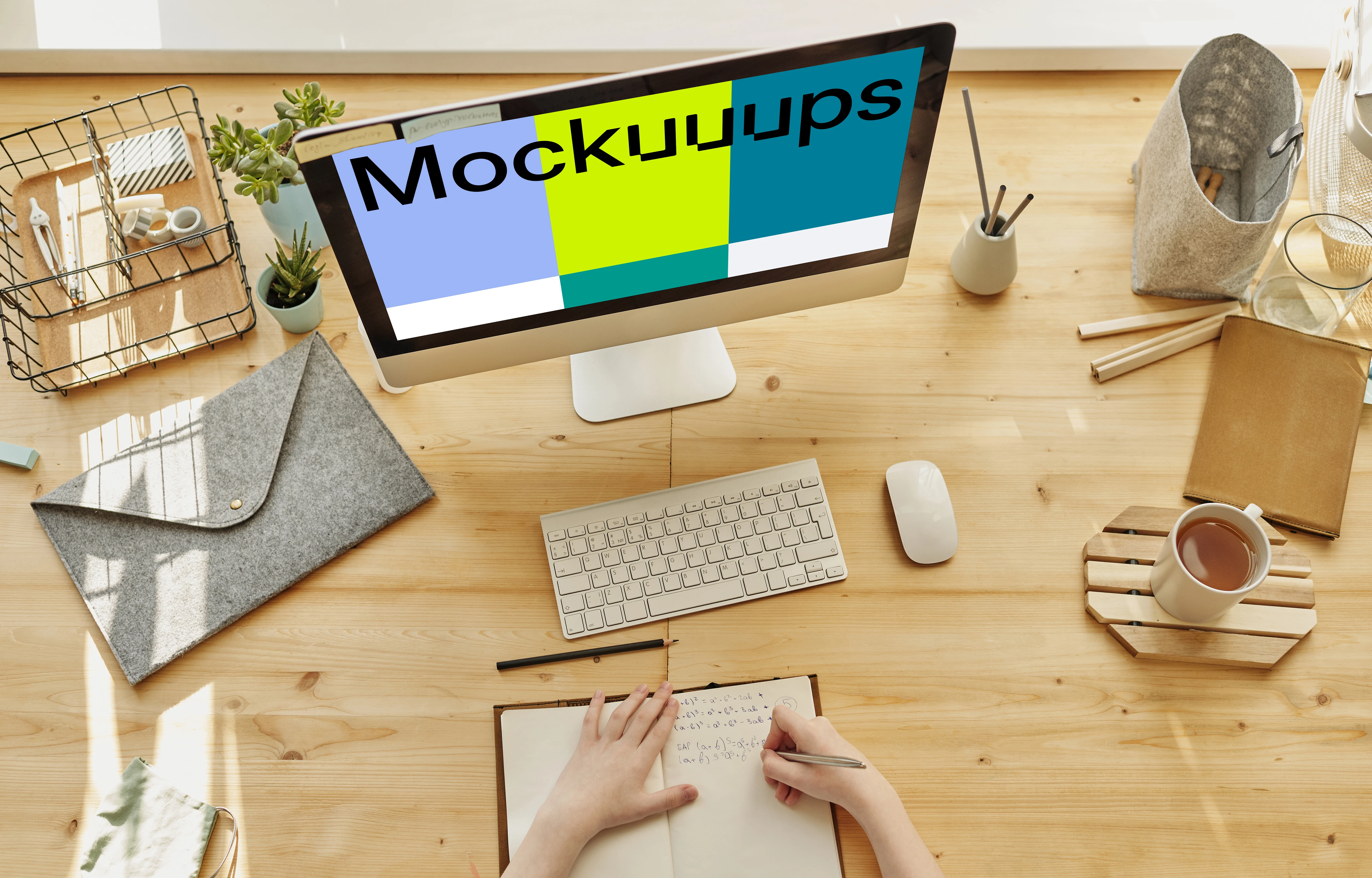 Mockup of a child writing in a book with an iMac on the table