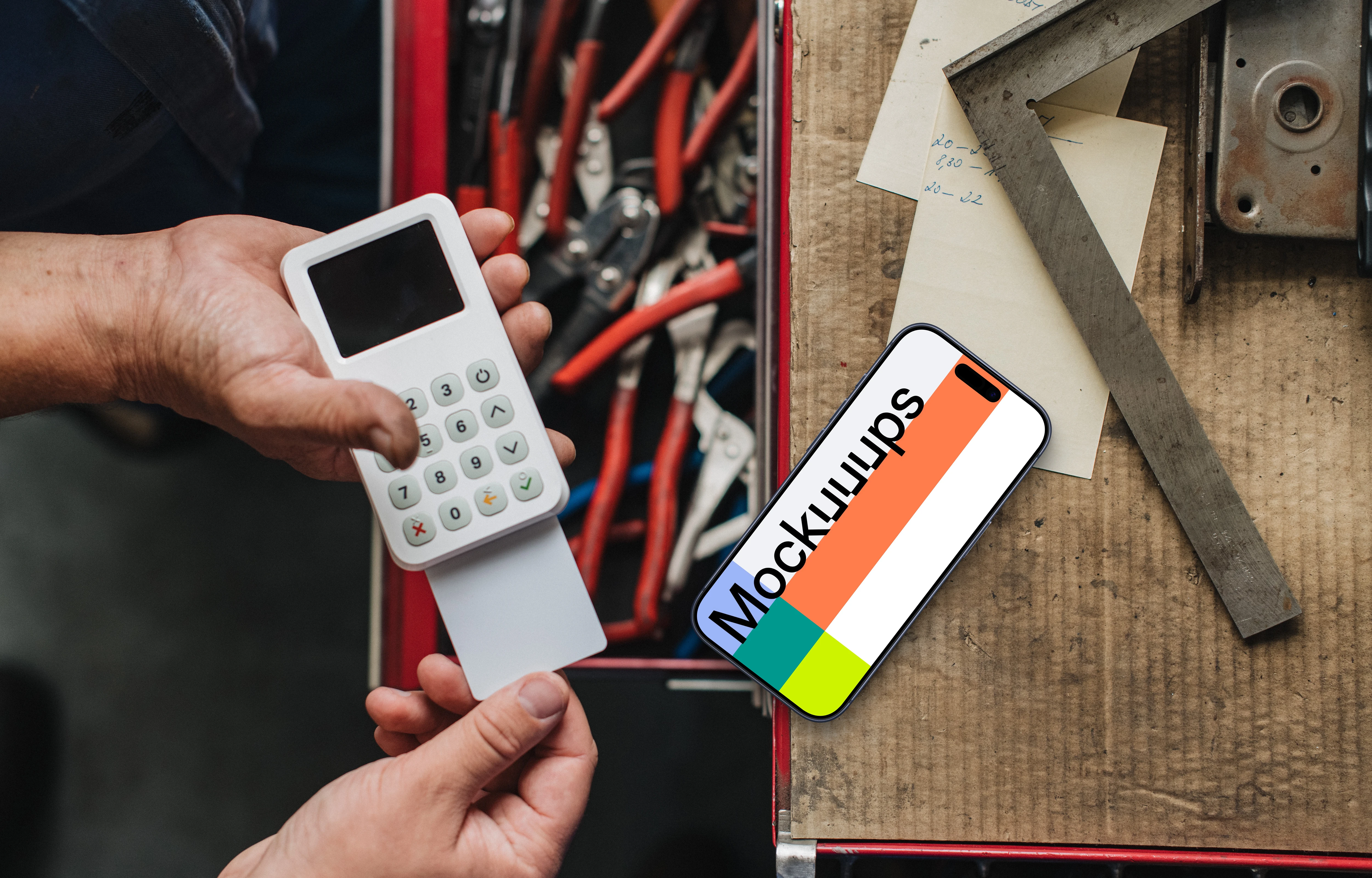 Transaction in the workshop including iPhone mockup