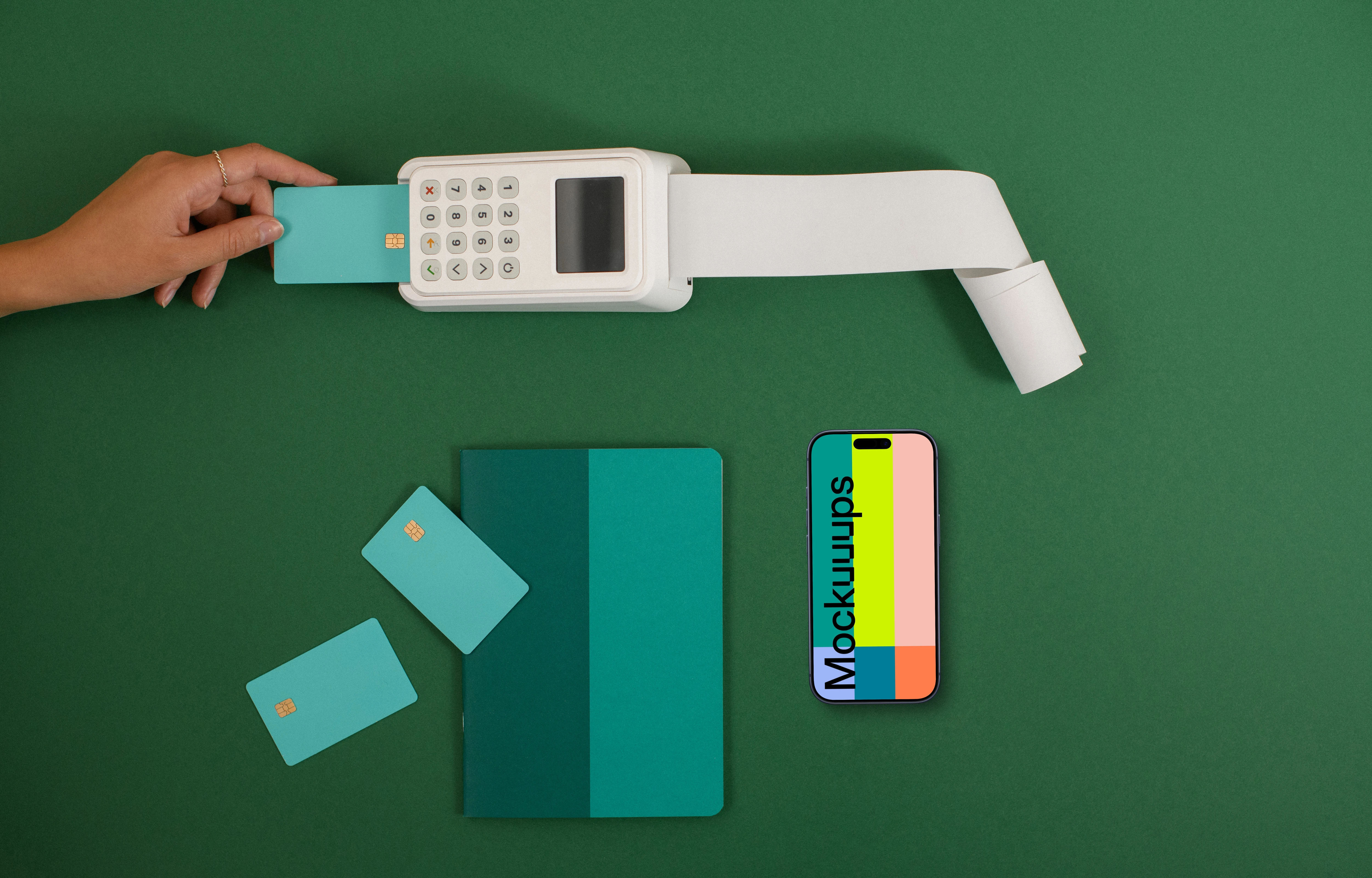 Card payment terminal and an iPhone mockup