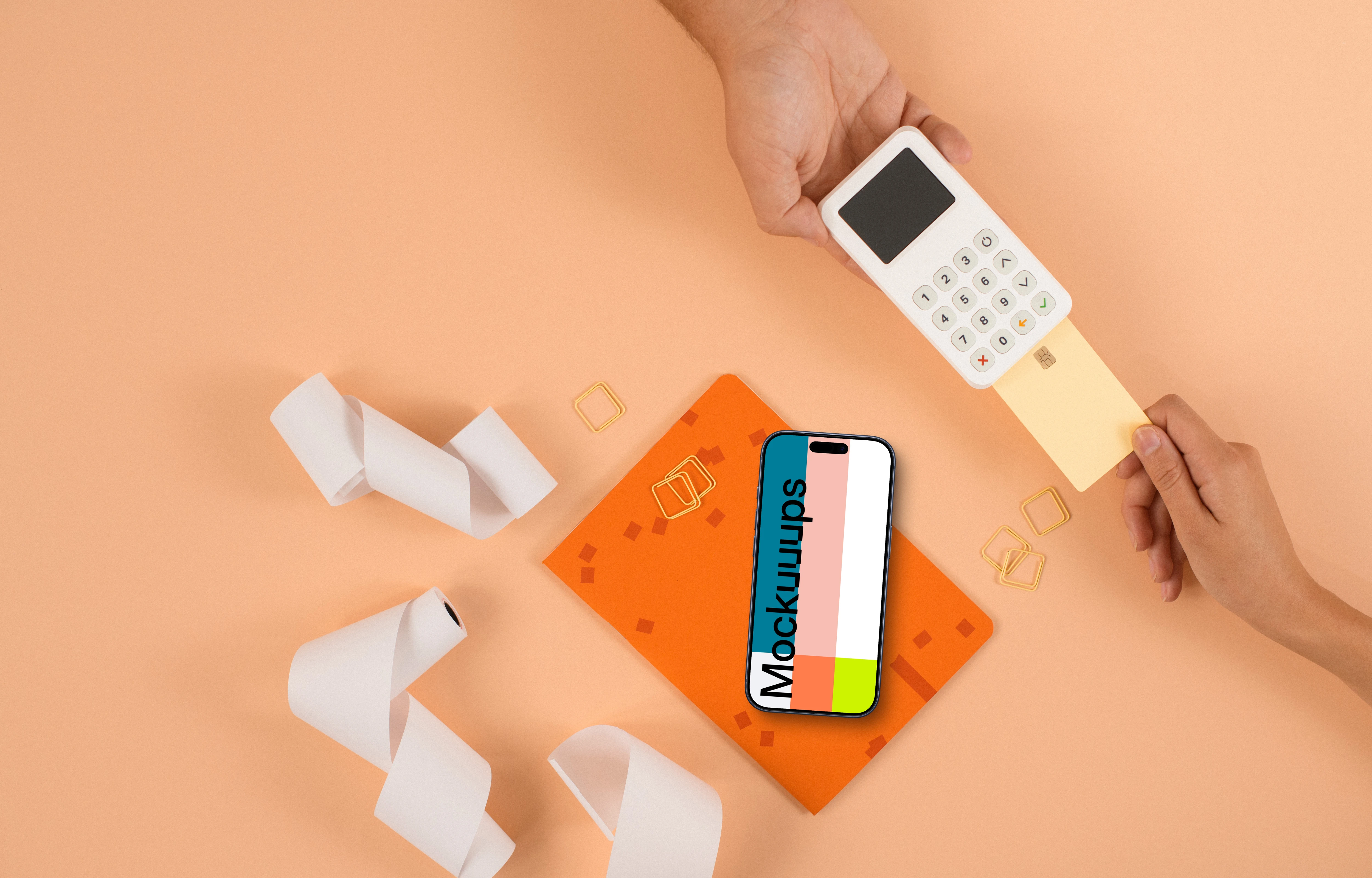 Card payment terminal with an iPhone mockup