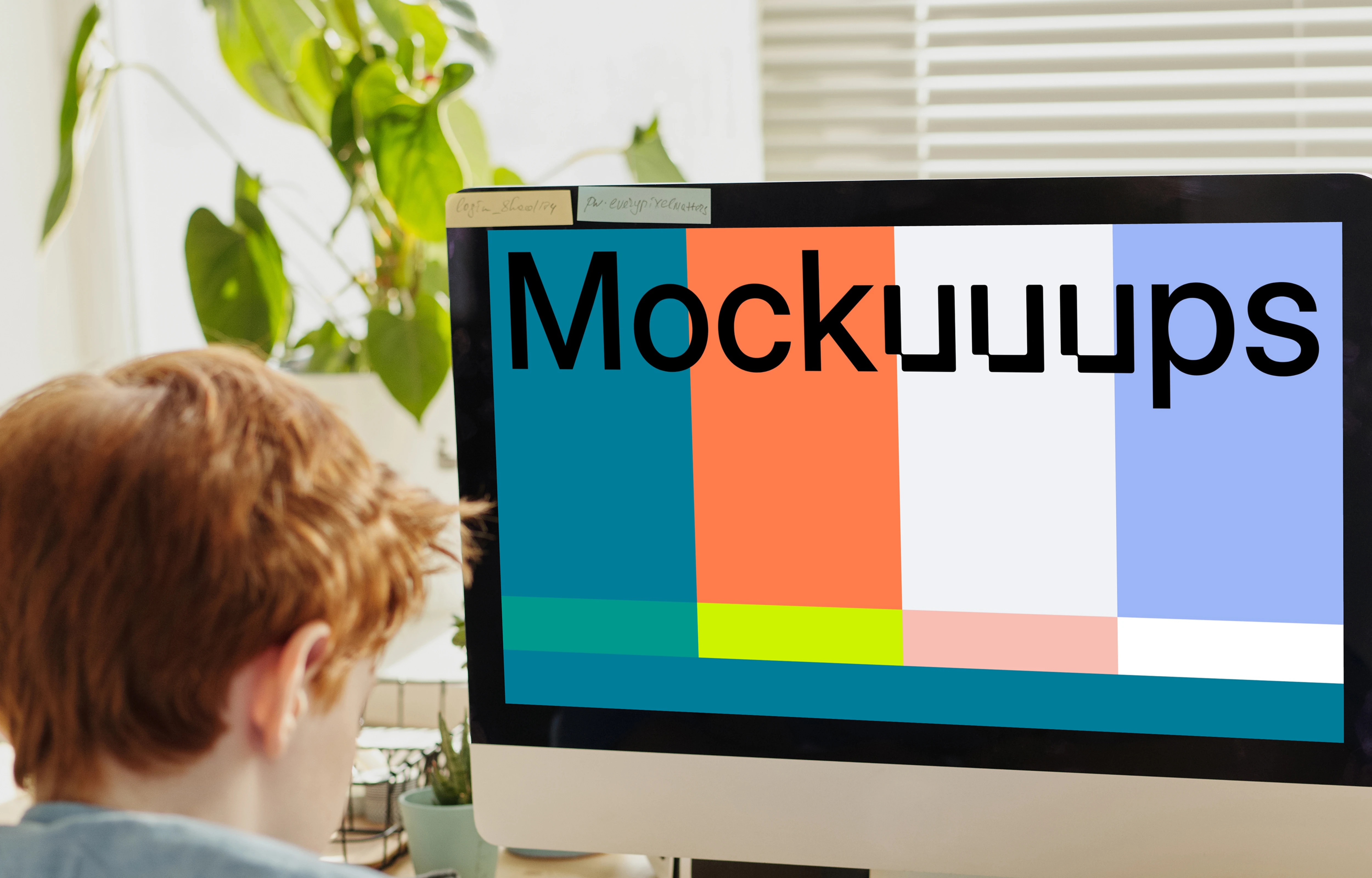 Child writing in front of an iMac mockup