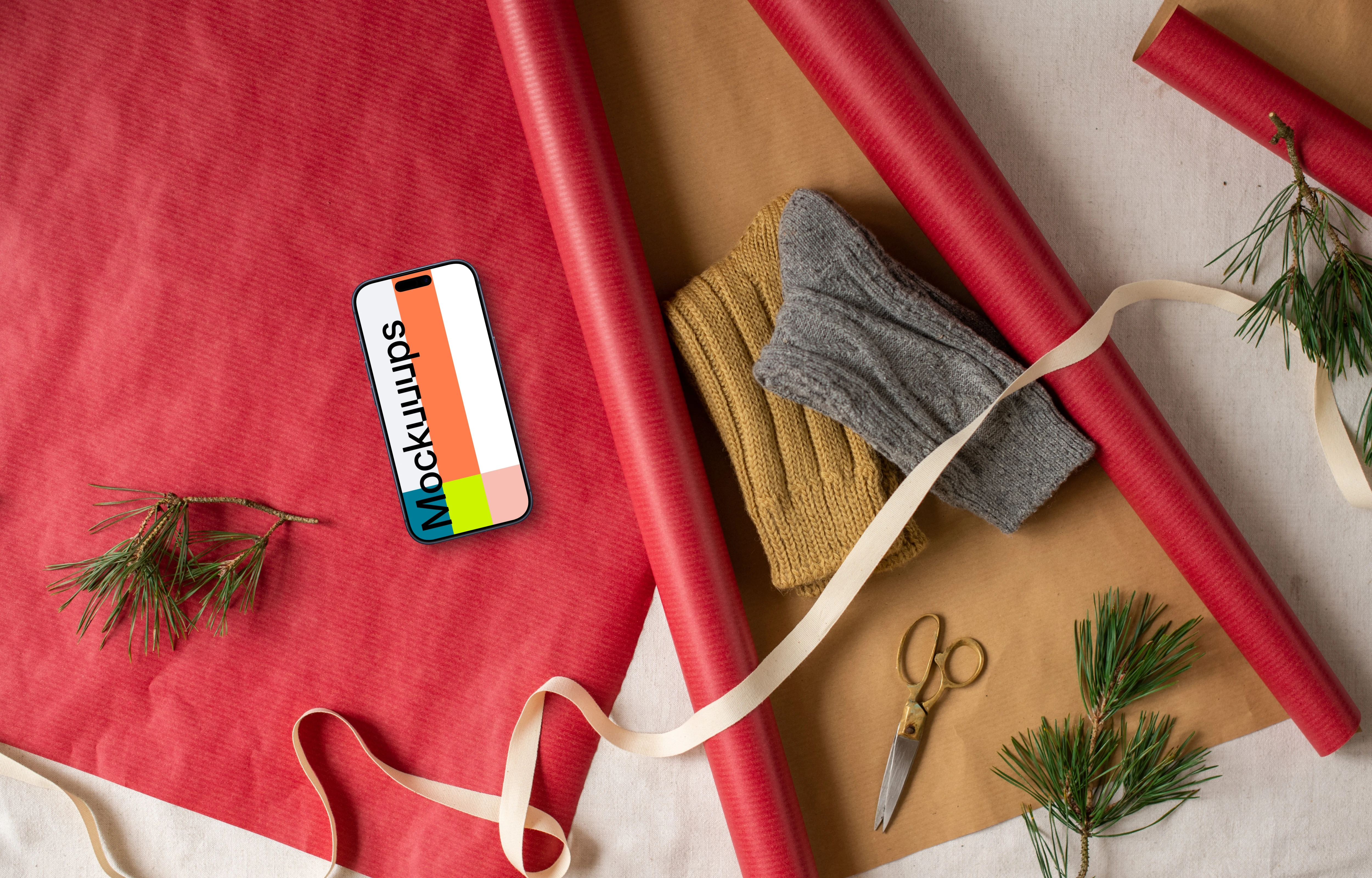 Christmas gift mockup with a phone