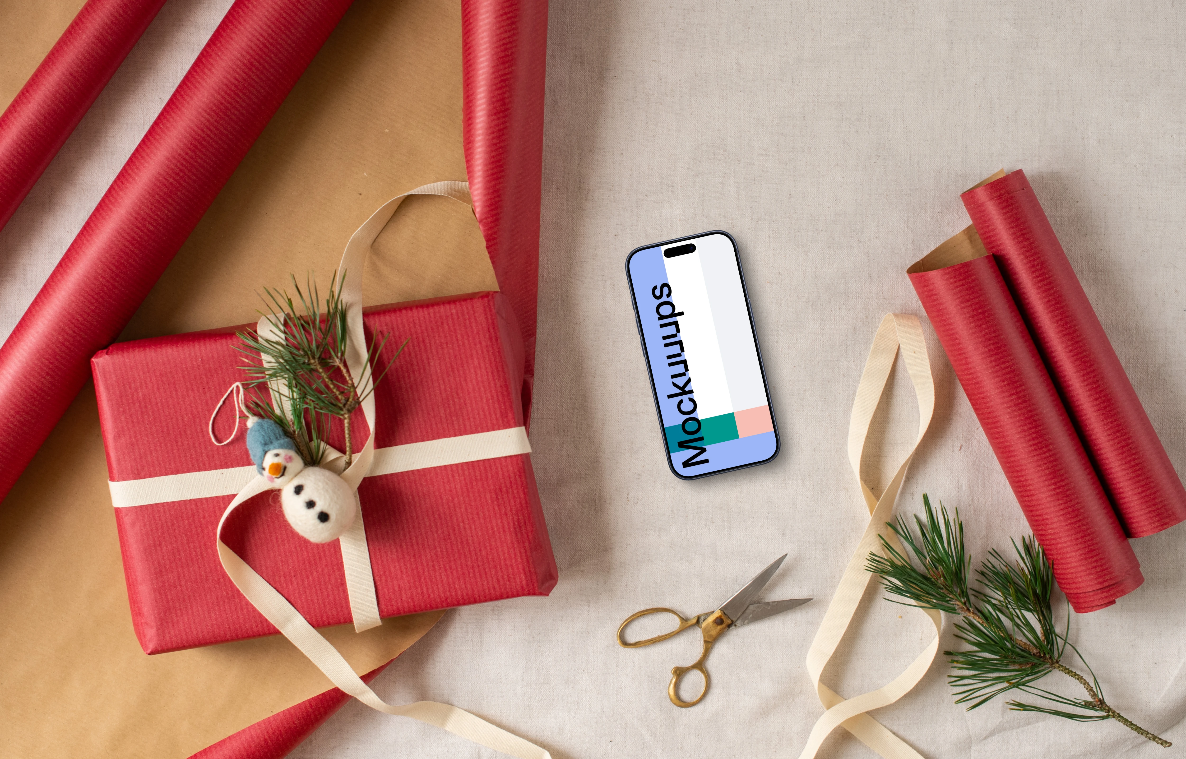 Christmas gift mockup with a smartphone