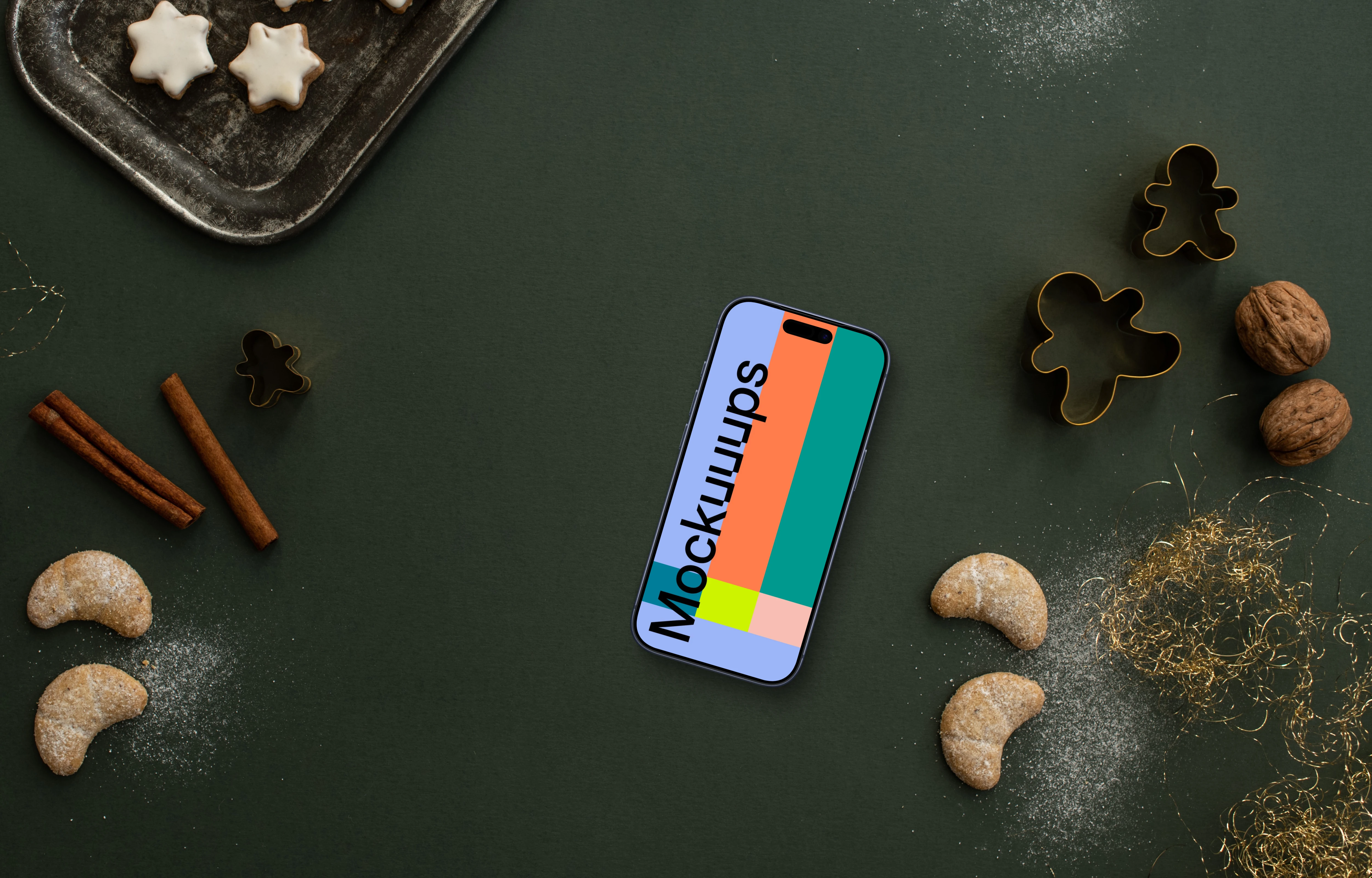 Christmas phone mockup on dark green background
