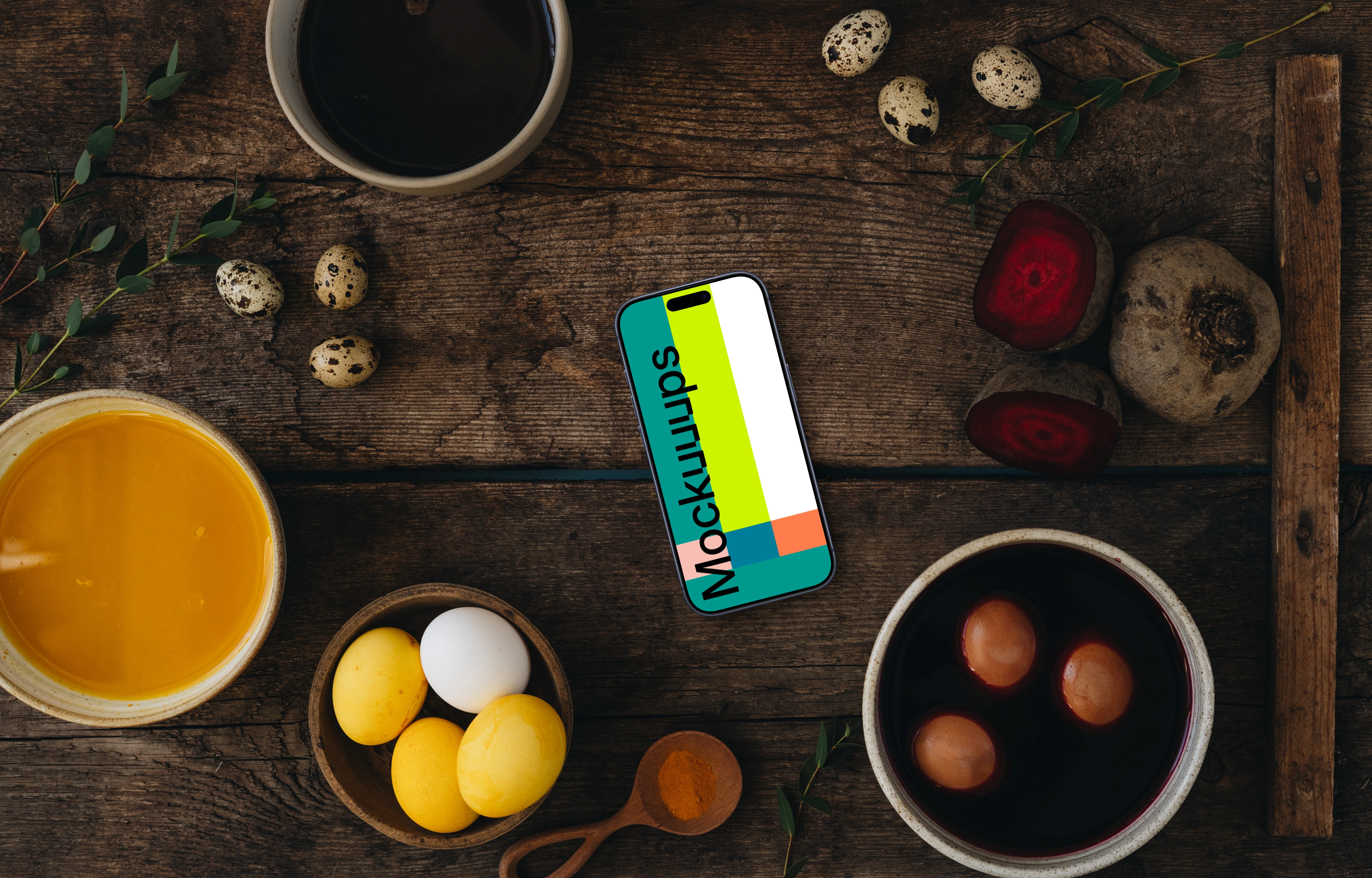 Coloring Easter eggs next to a smartphone mockup