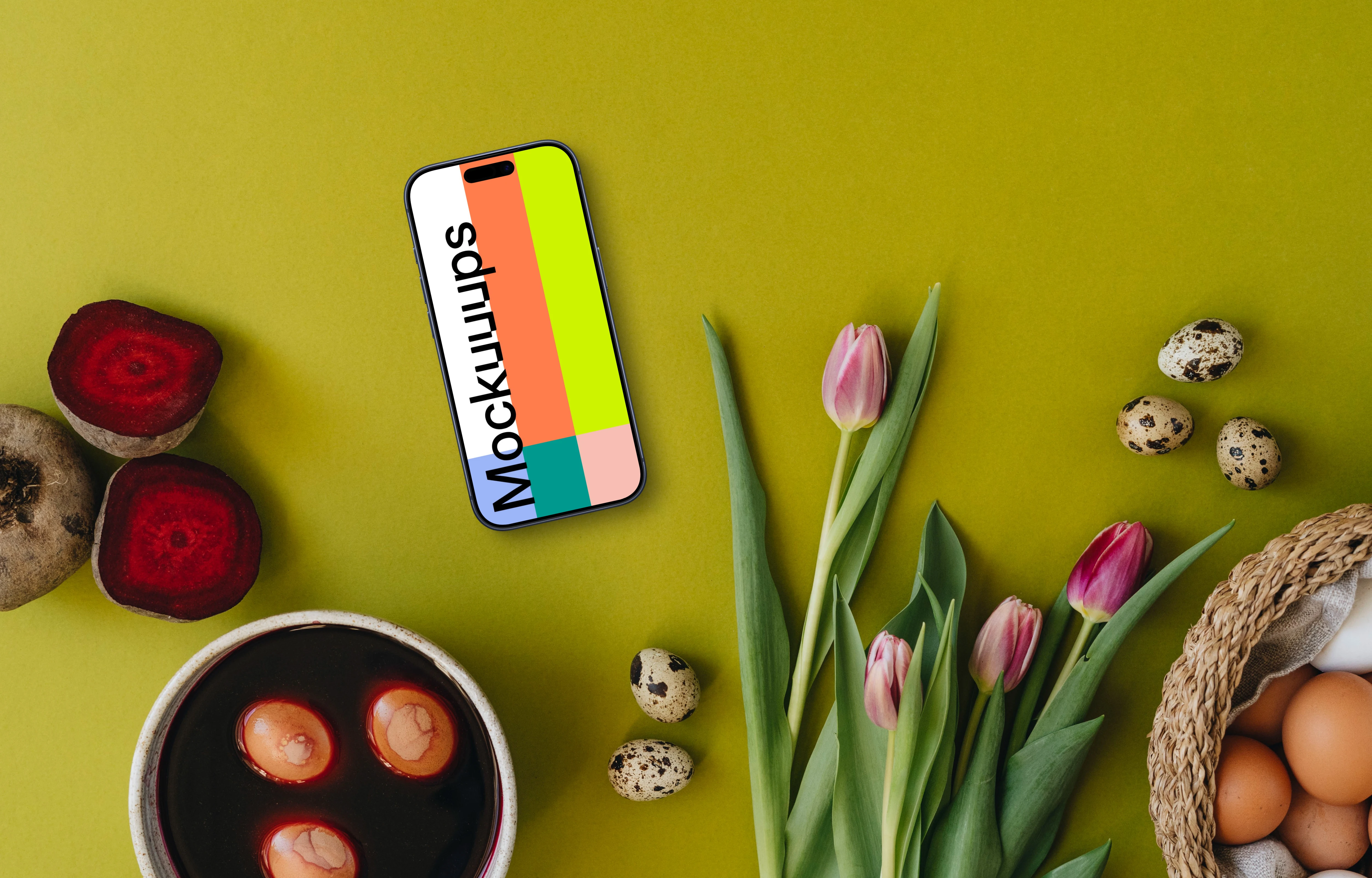 Coloring Easter eggs next to tulips and smartphone mockup
