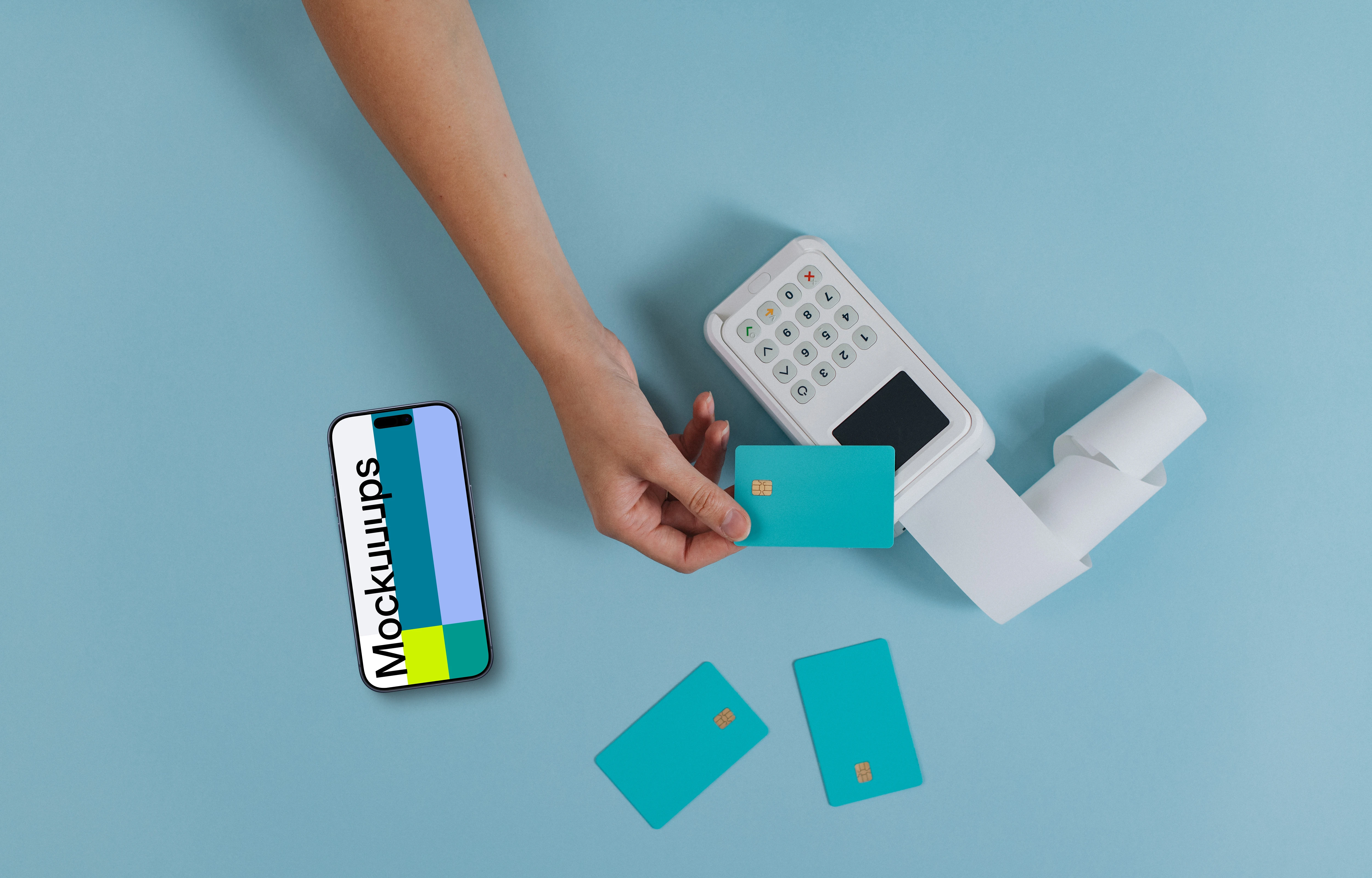 Contactless payment arranged iPhone mockup on blue background