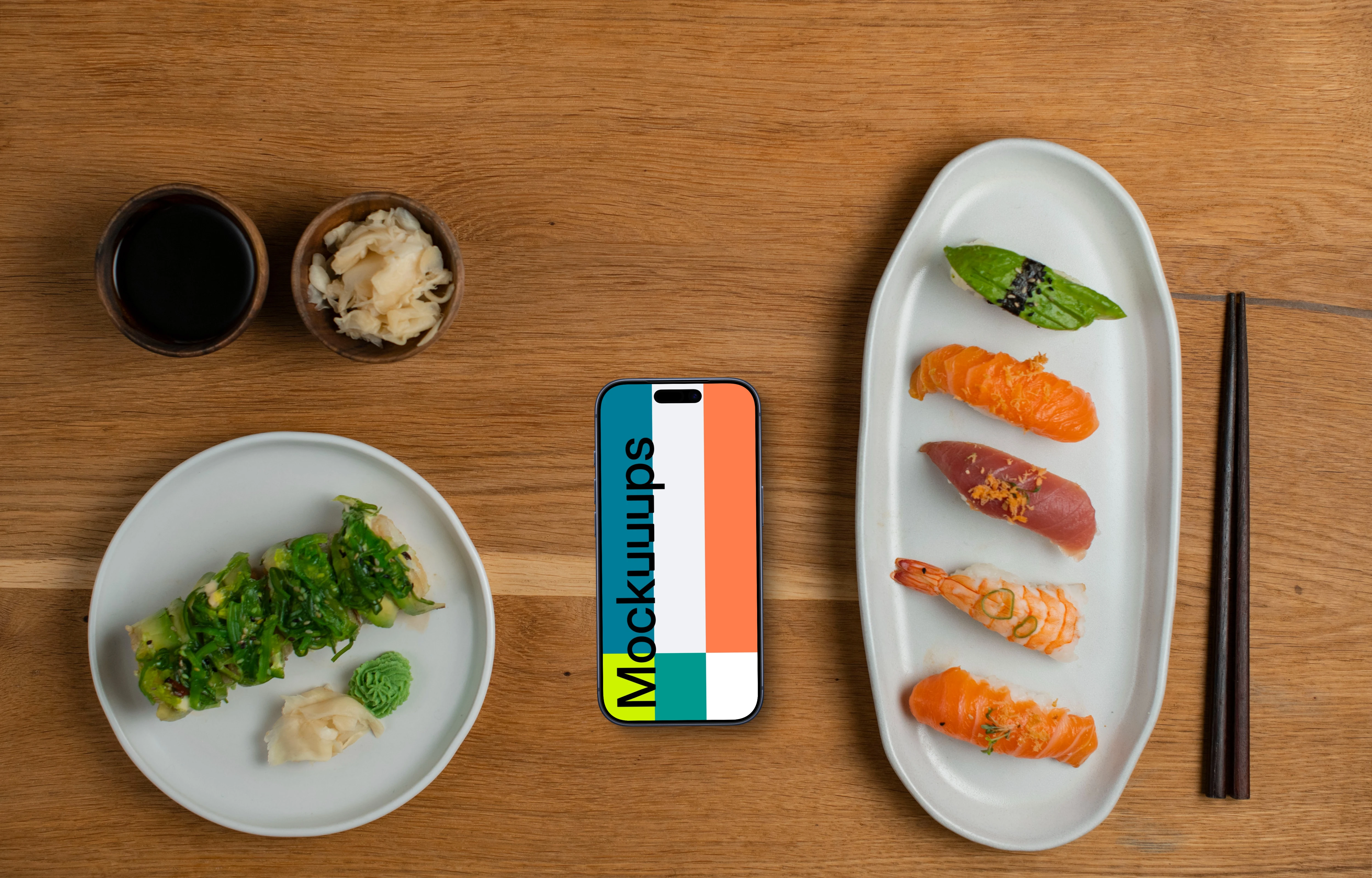 Smartphone mockup in the middle of sushi plates