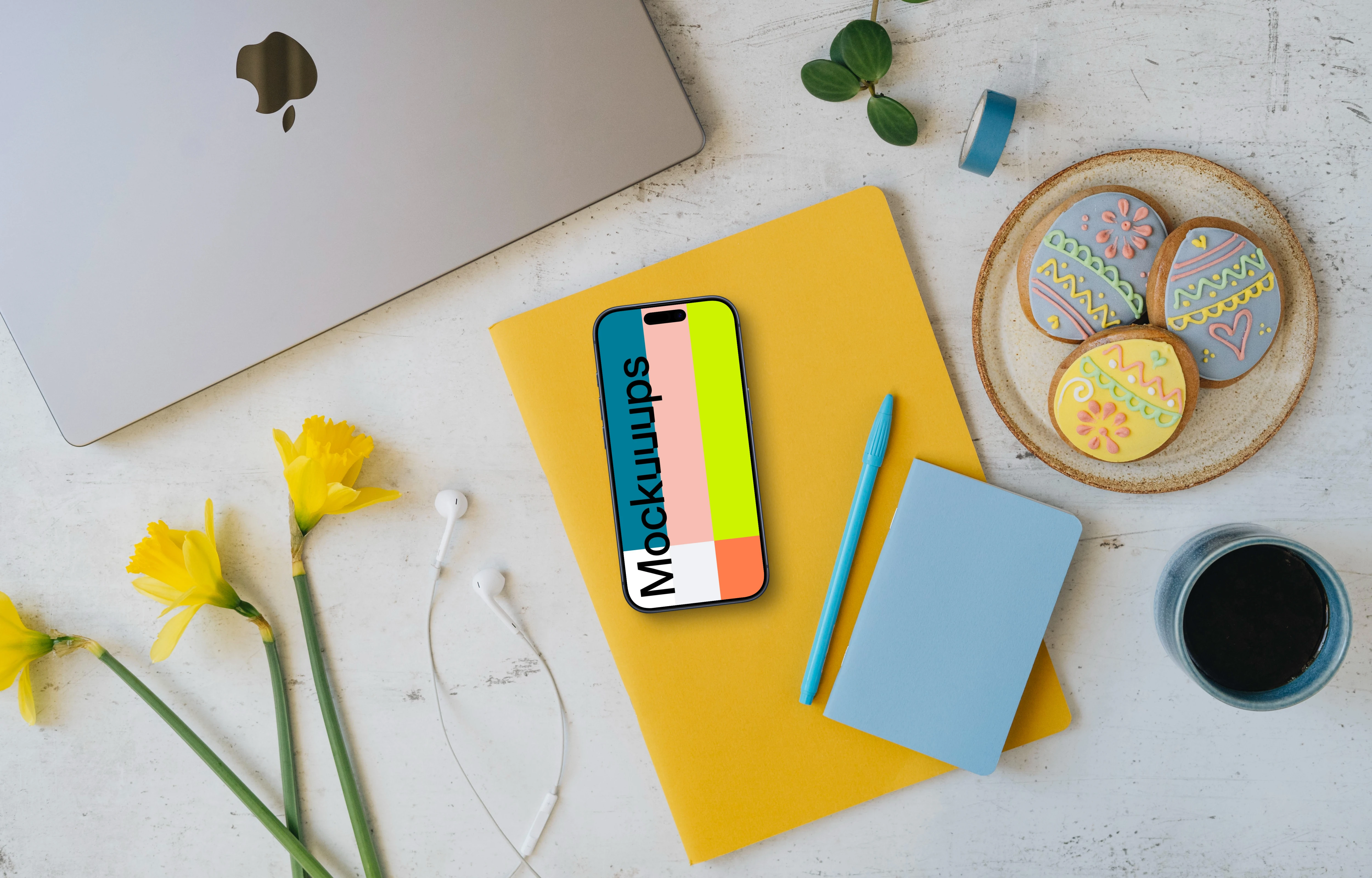 Smartphone mockup with Easter gingerbreads and coffee
