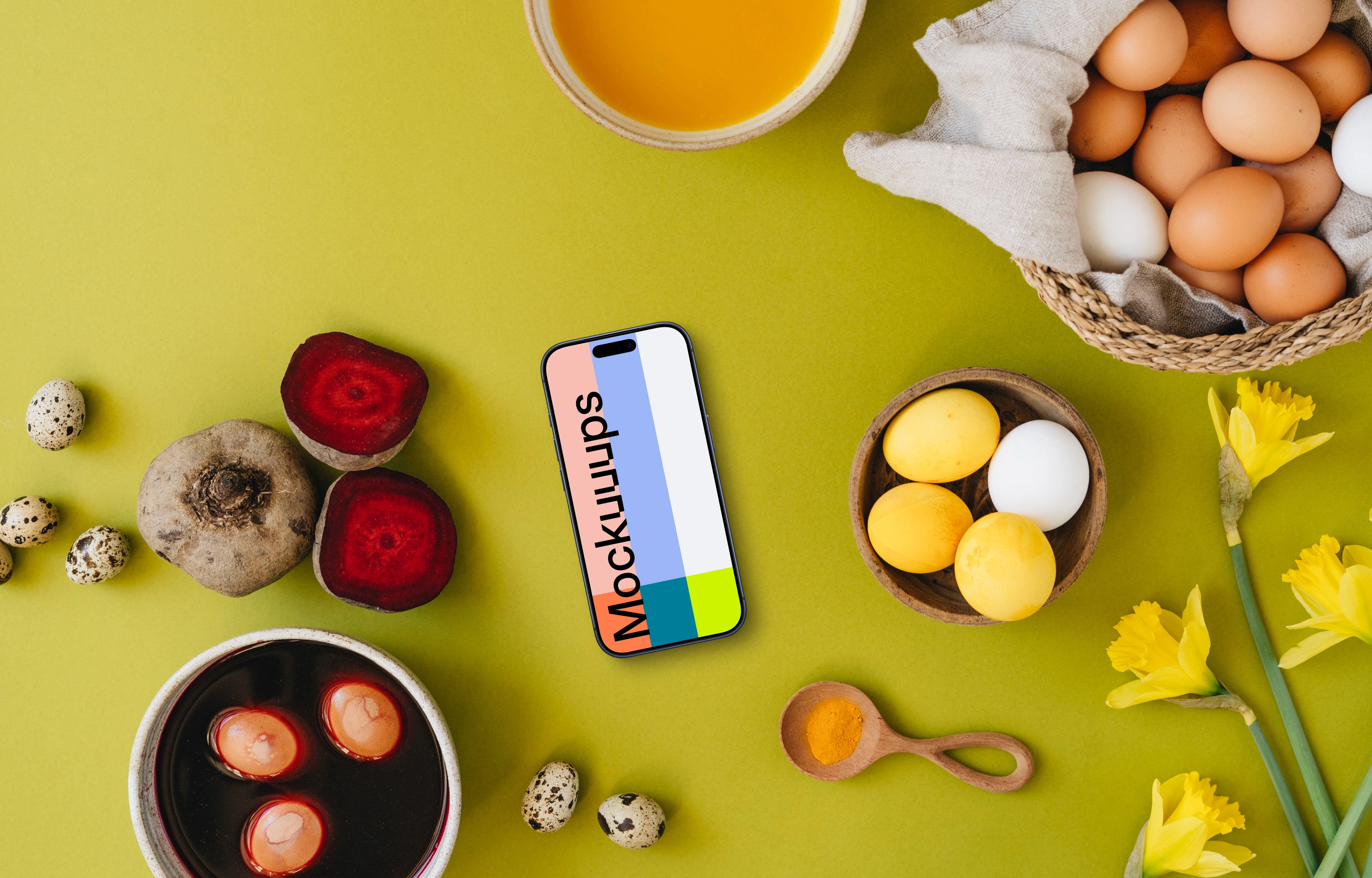 Easter eggs being colored around a smartphone mockup