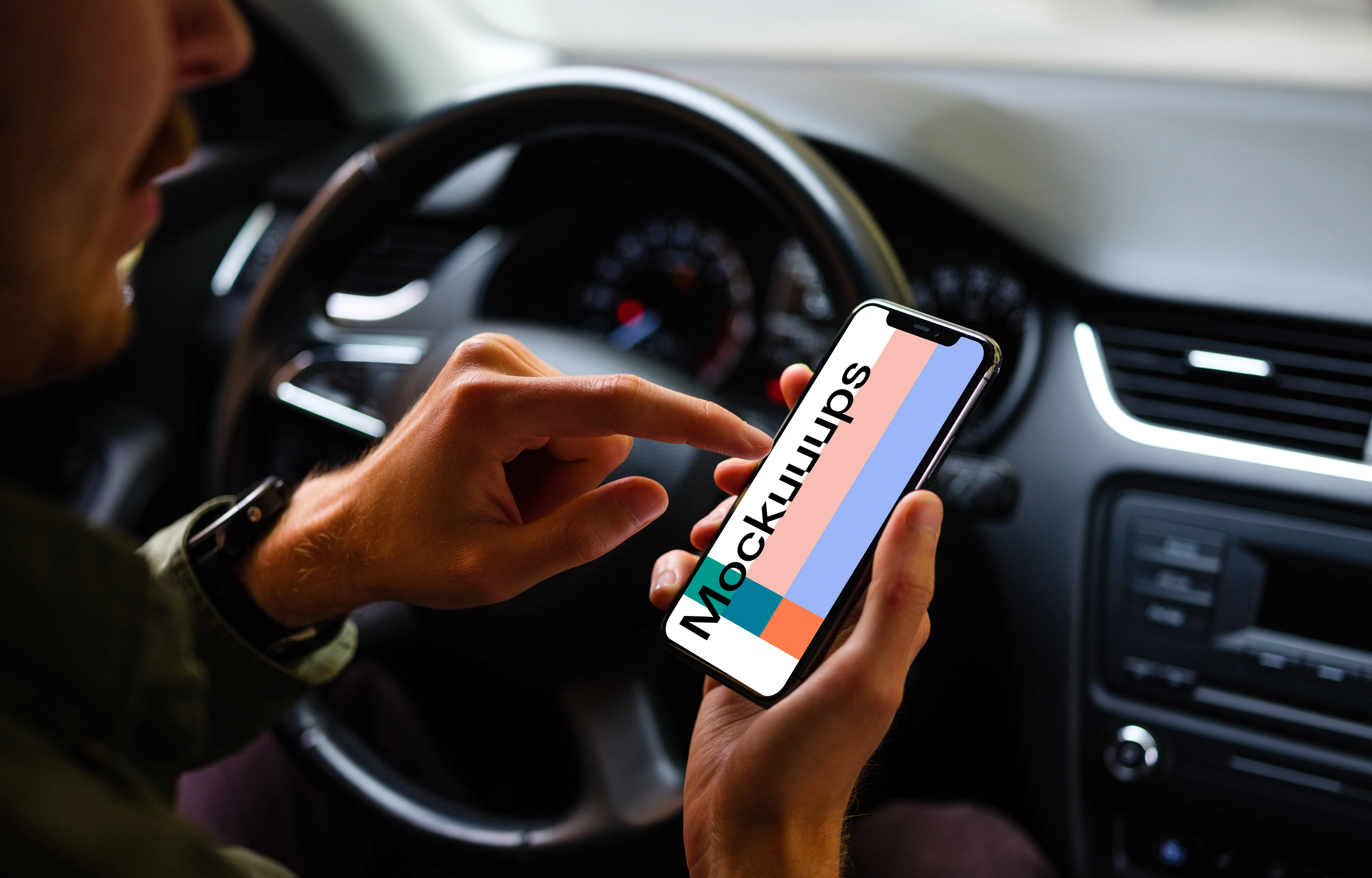 Driver using iPhone 11 mockup with both hands