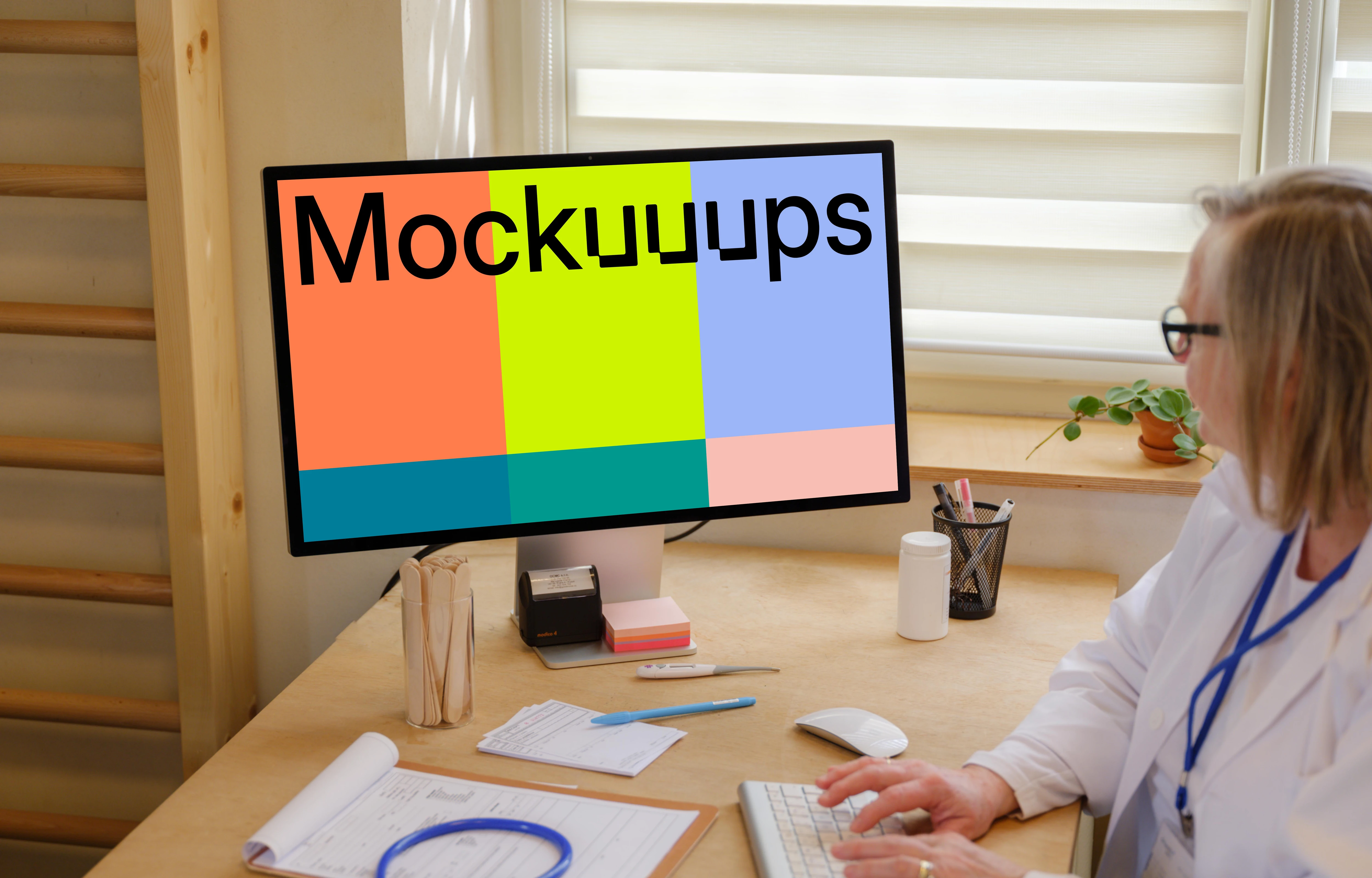 Female doctor typing on an Apple Studio Display