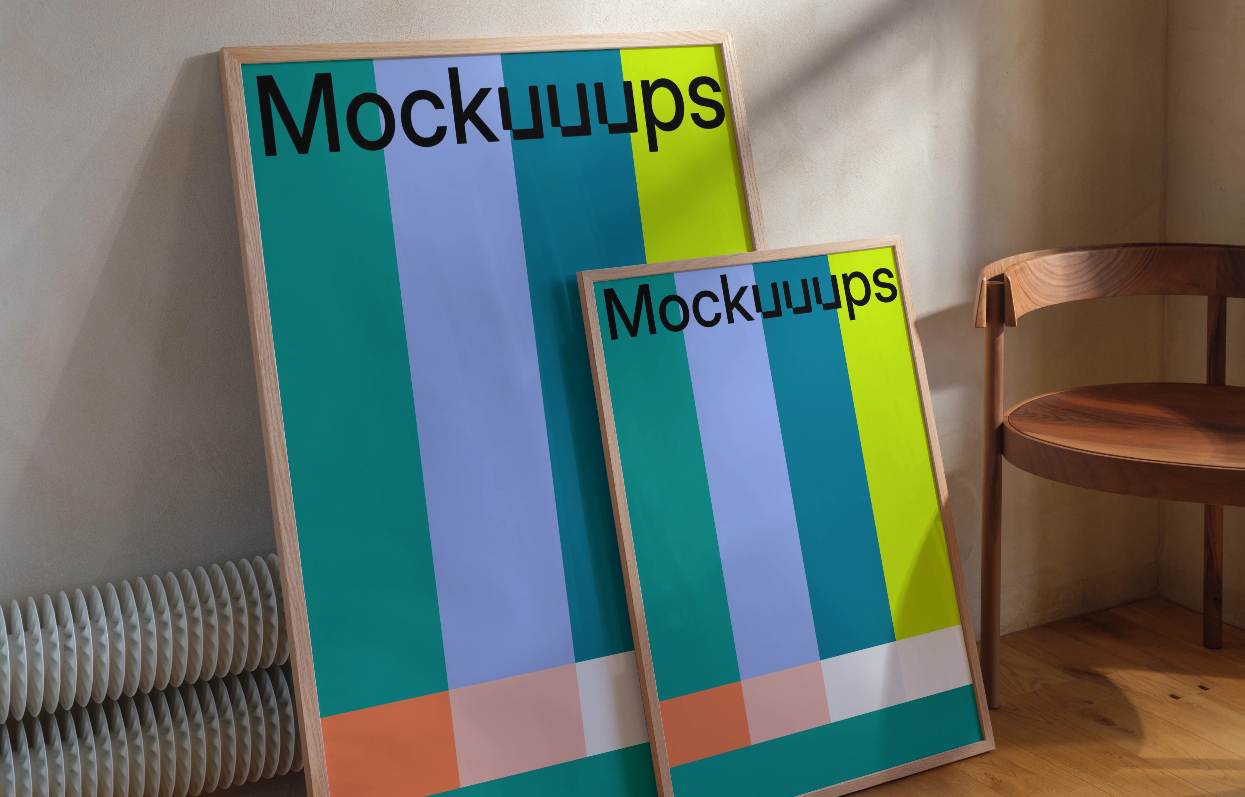 Framed poster mockup leaning against a wall with chair