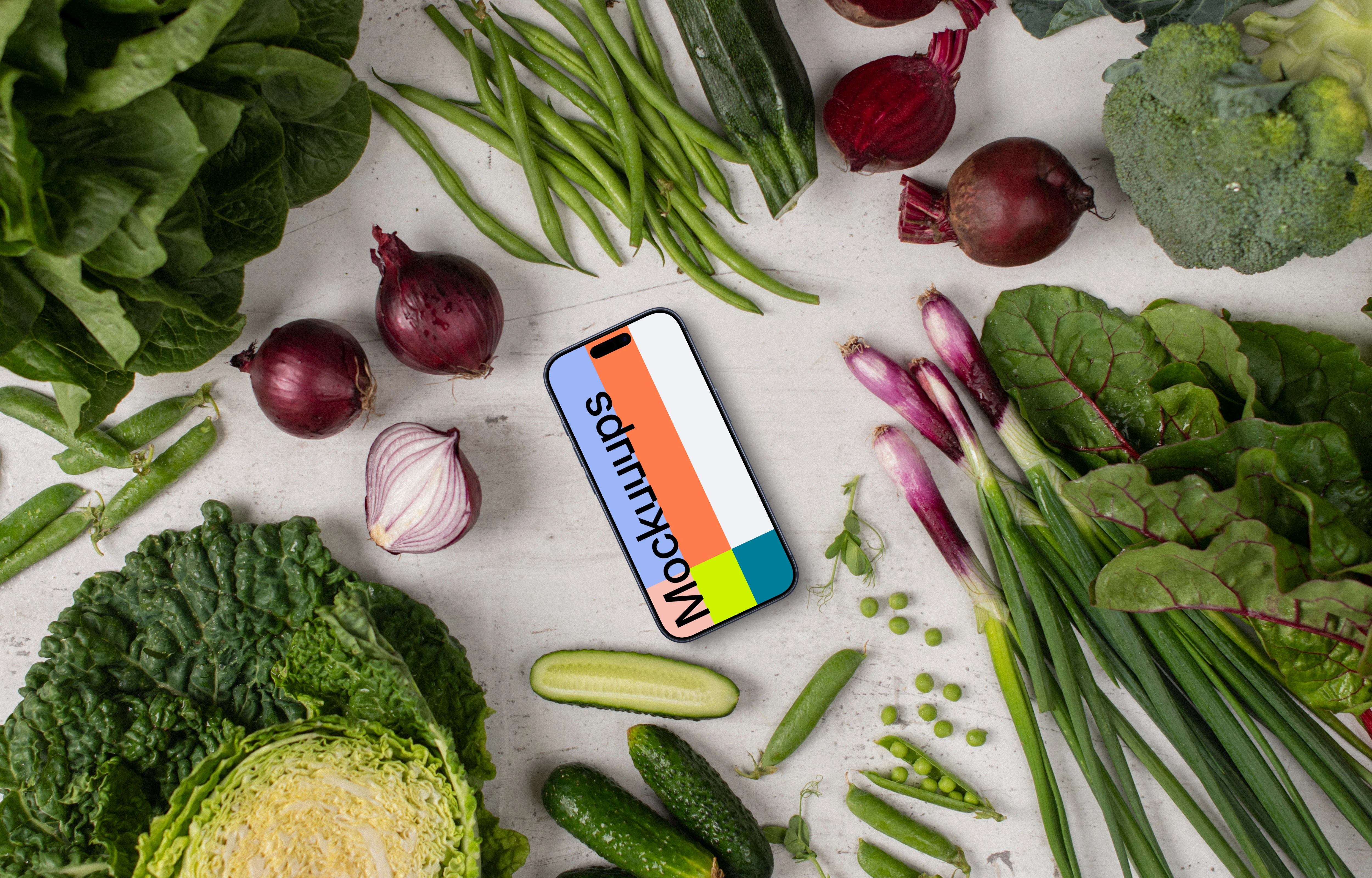 Fresh veggies around Smartphone mockup