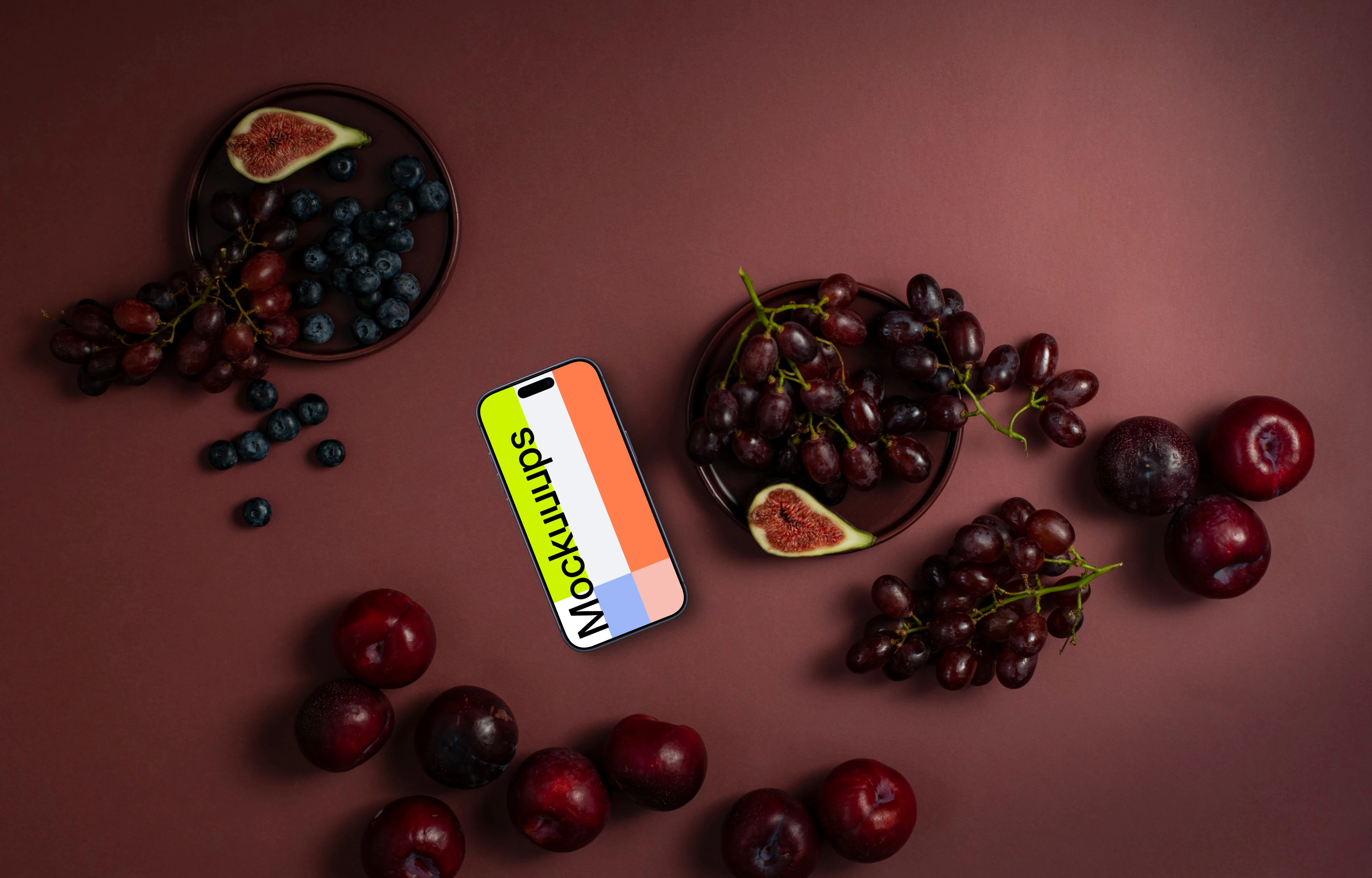 Fruits and phone mockup with Magenta background