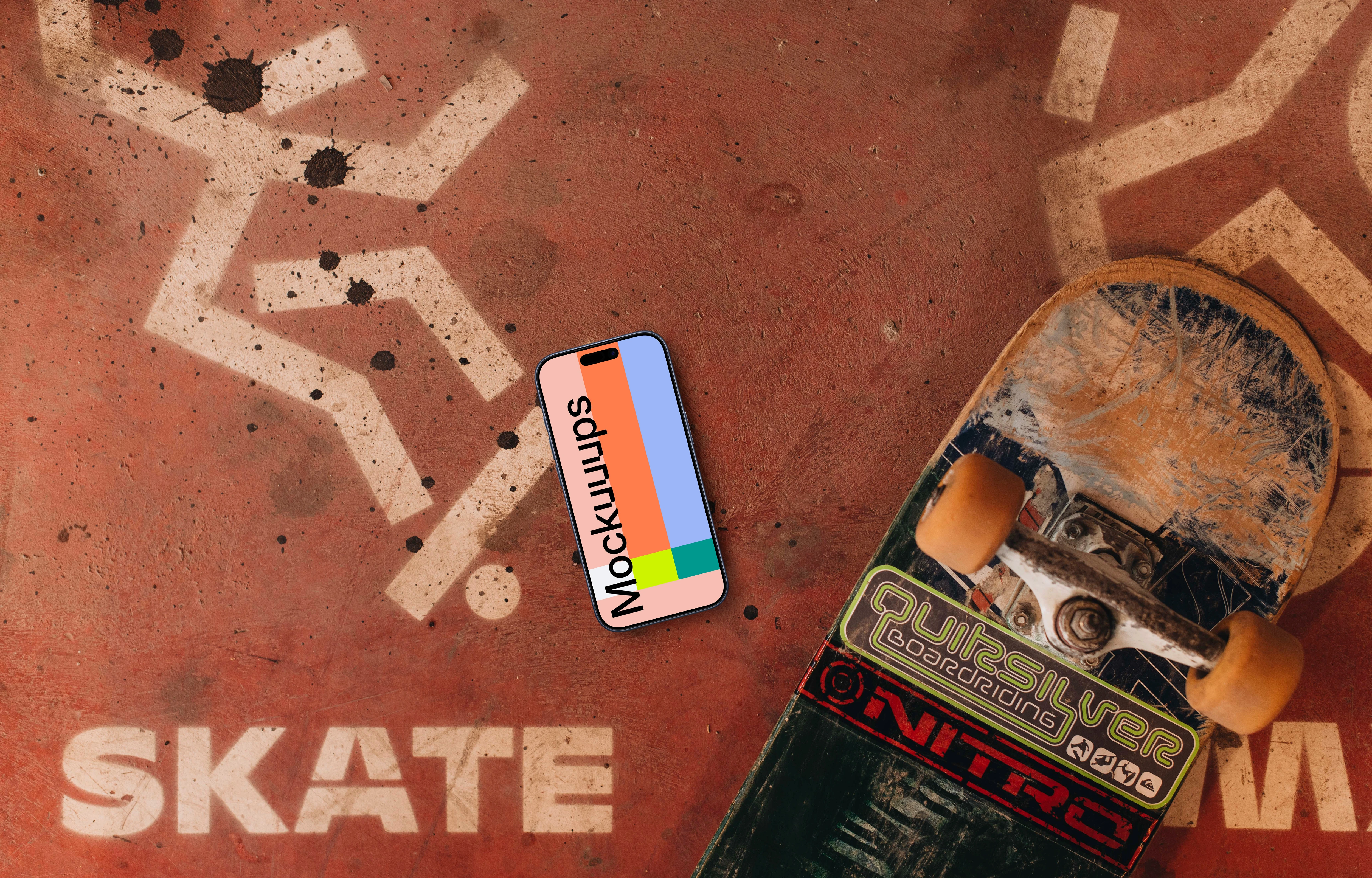 iPhone mockup in the urban backdrop skatepark