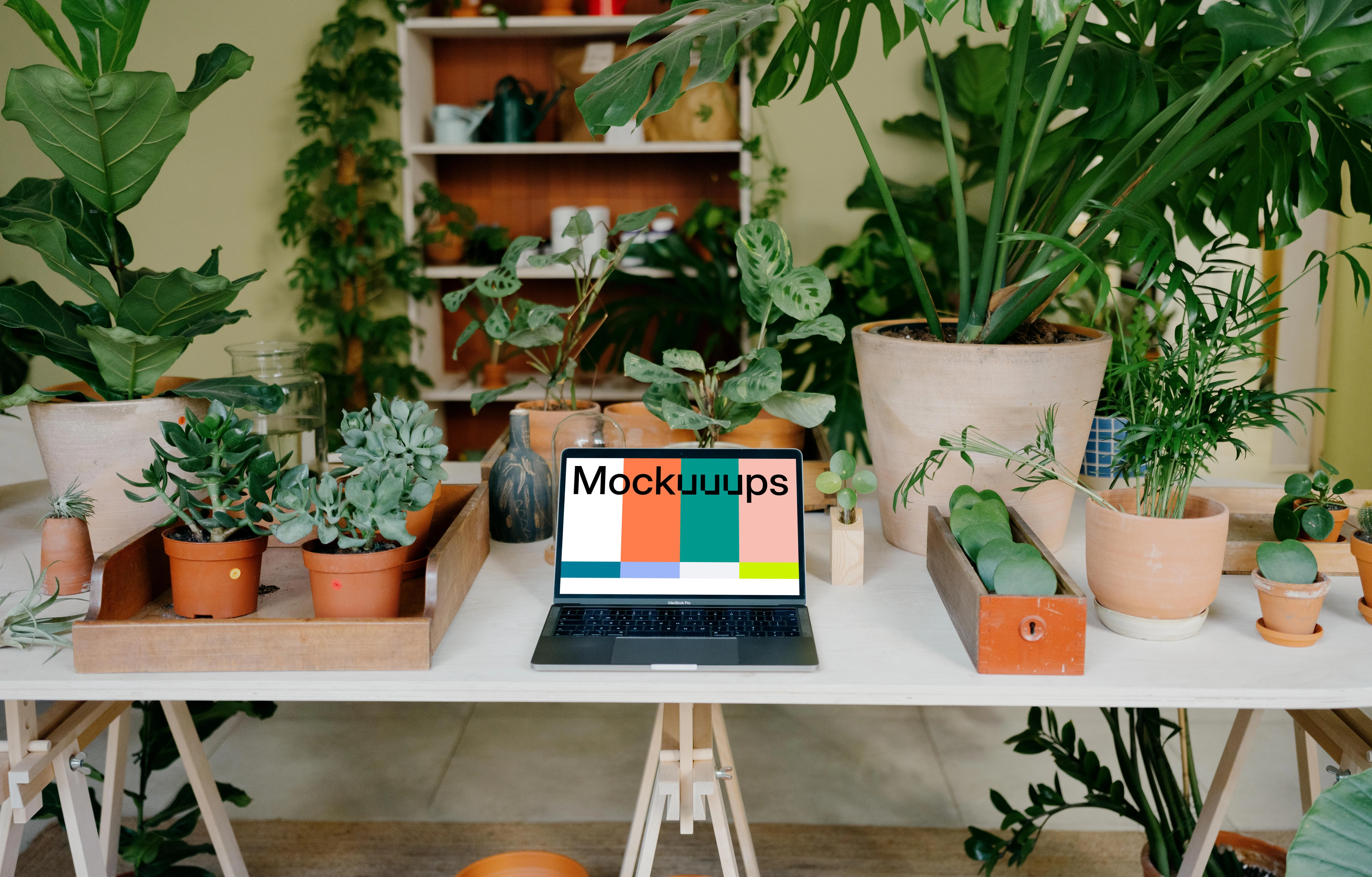 Grey MacBook Pro Mockup on a white table amidst potted plants