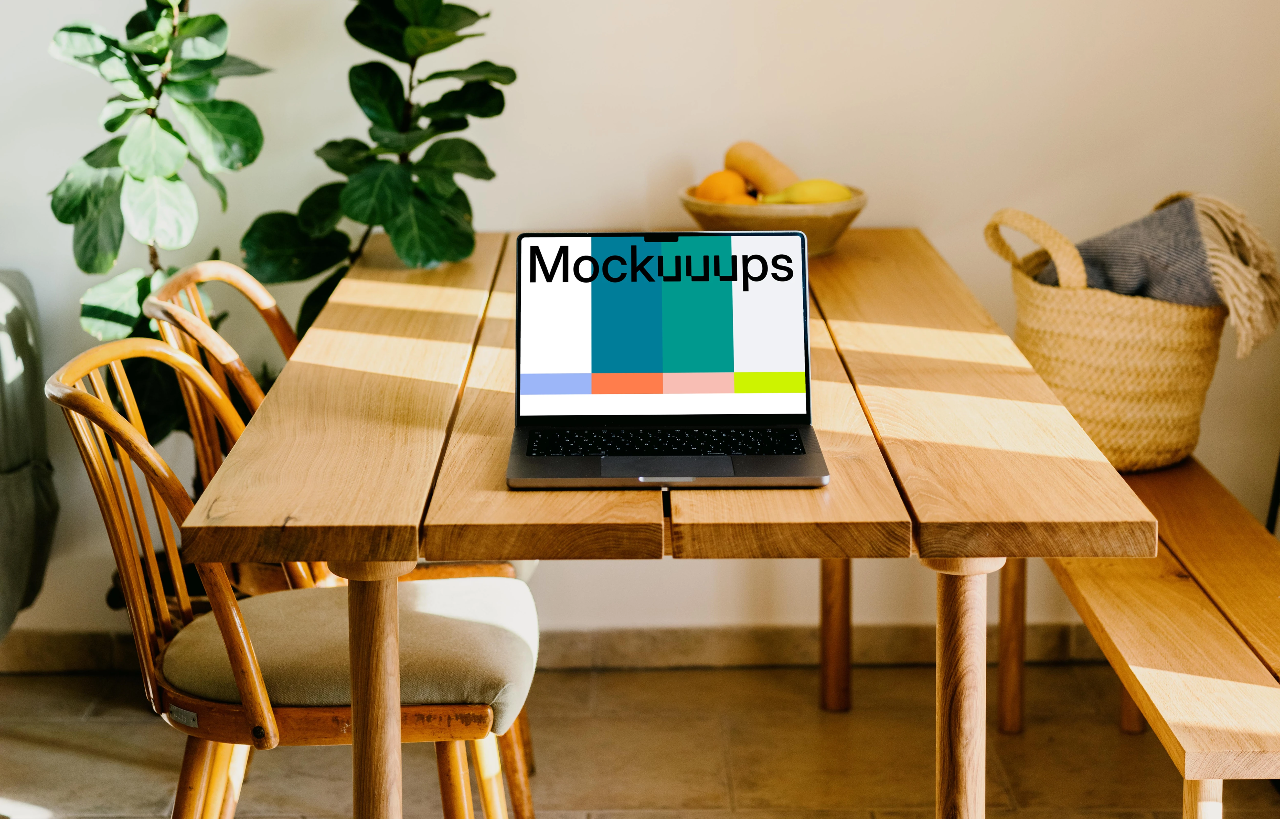 Grey MacBook Pro mockup on a wooden table