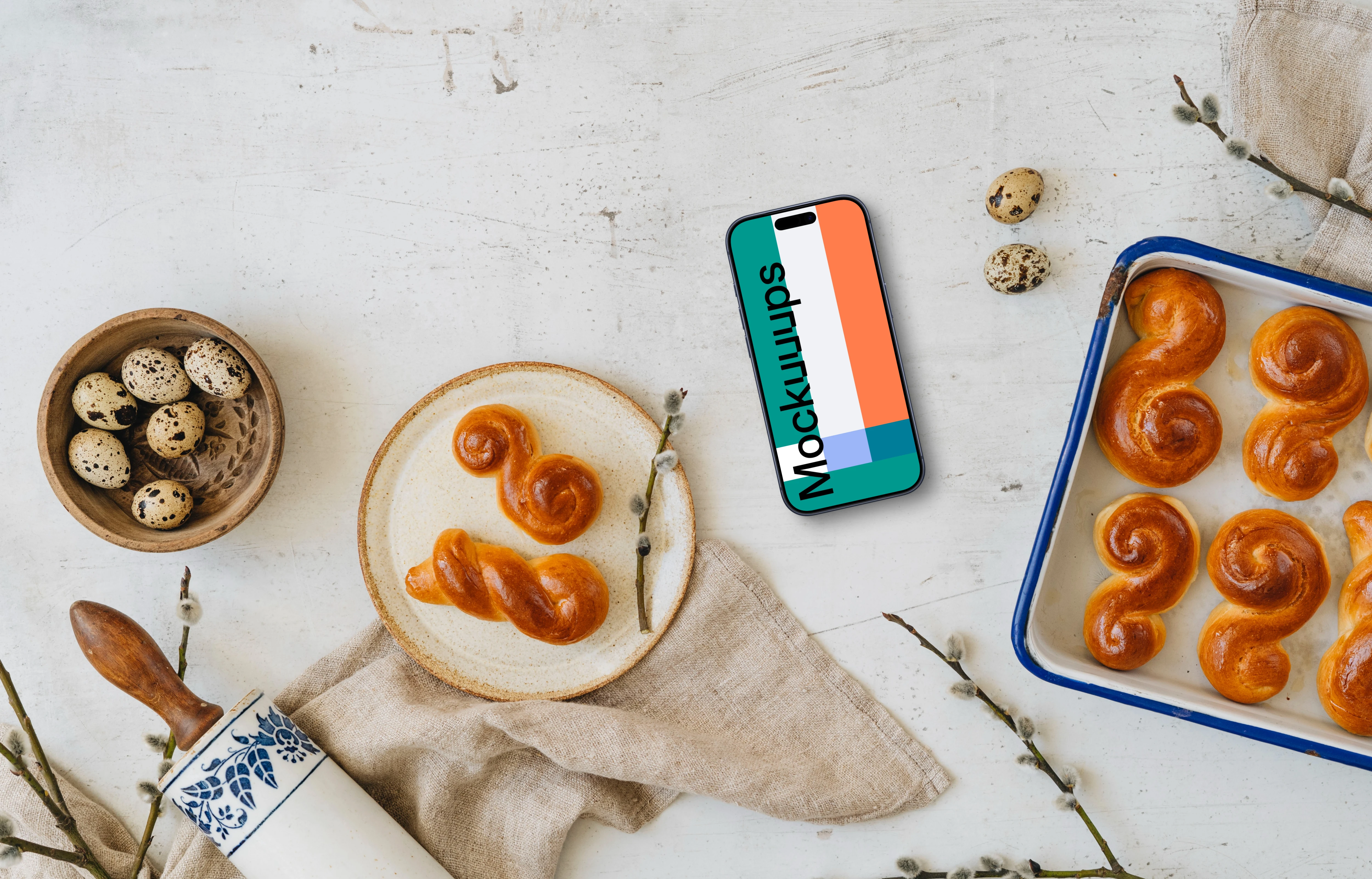 Smartphone mockup with baked Easter pastries