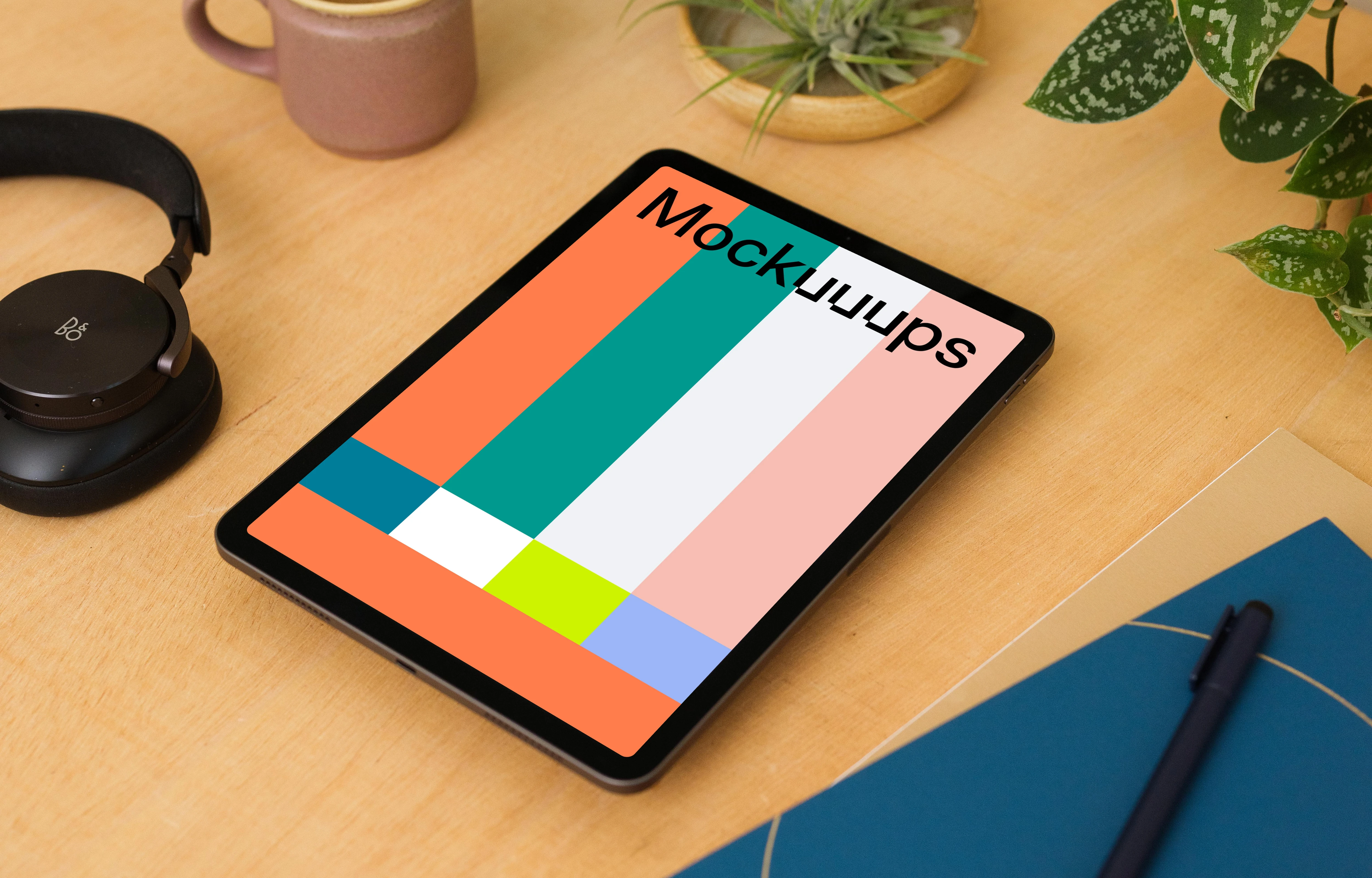 iPad Air mockup on a light brown table.