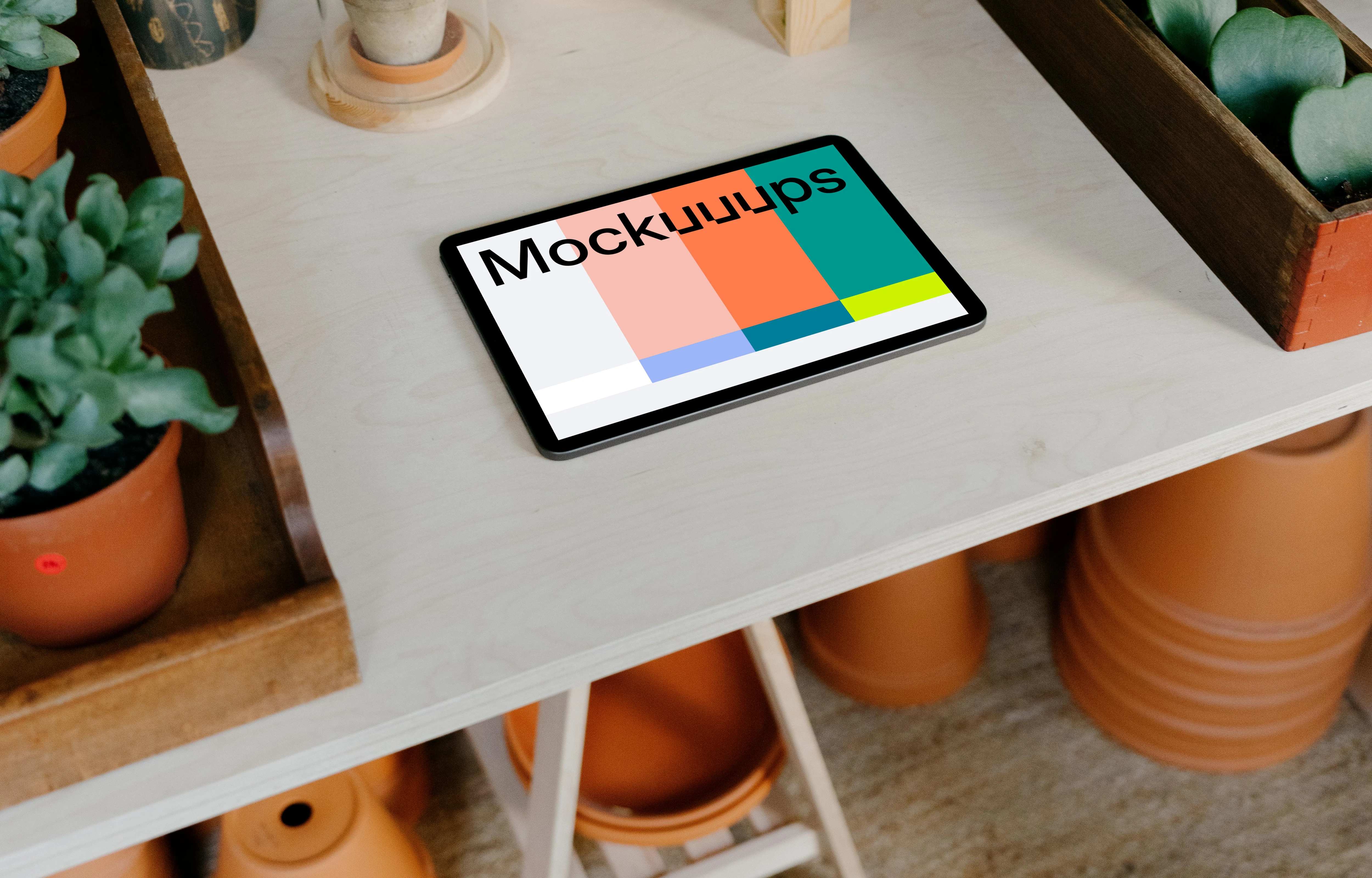 iPad Air mockup surrounded by potted plants on a white table