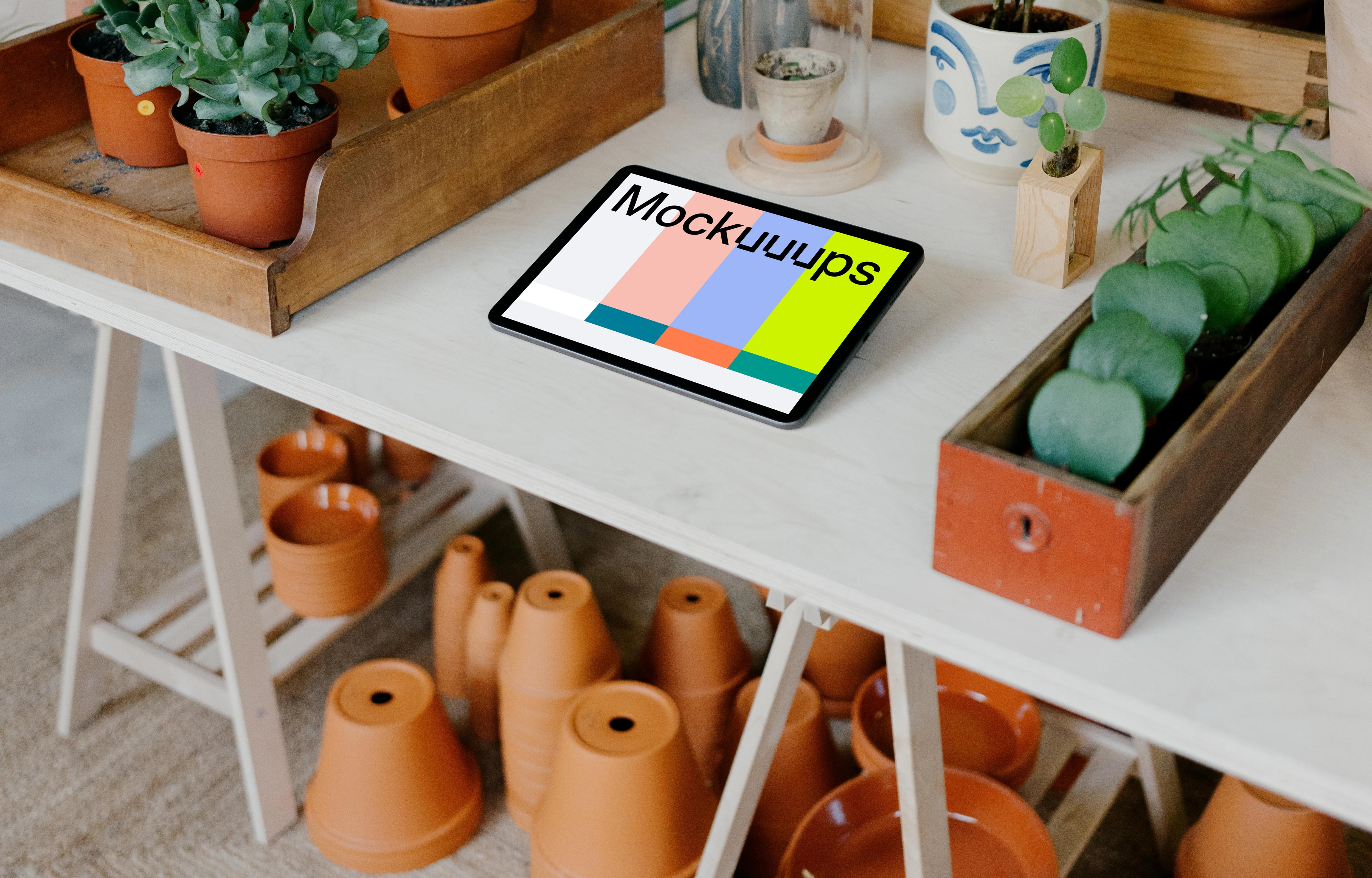 iPad mockup on a table with plant vases under the table