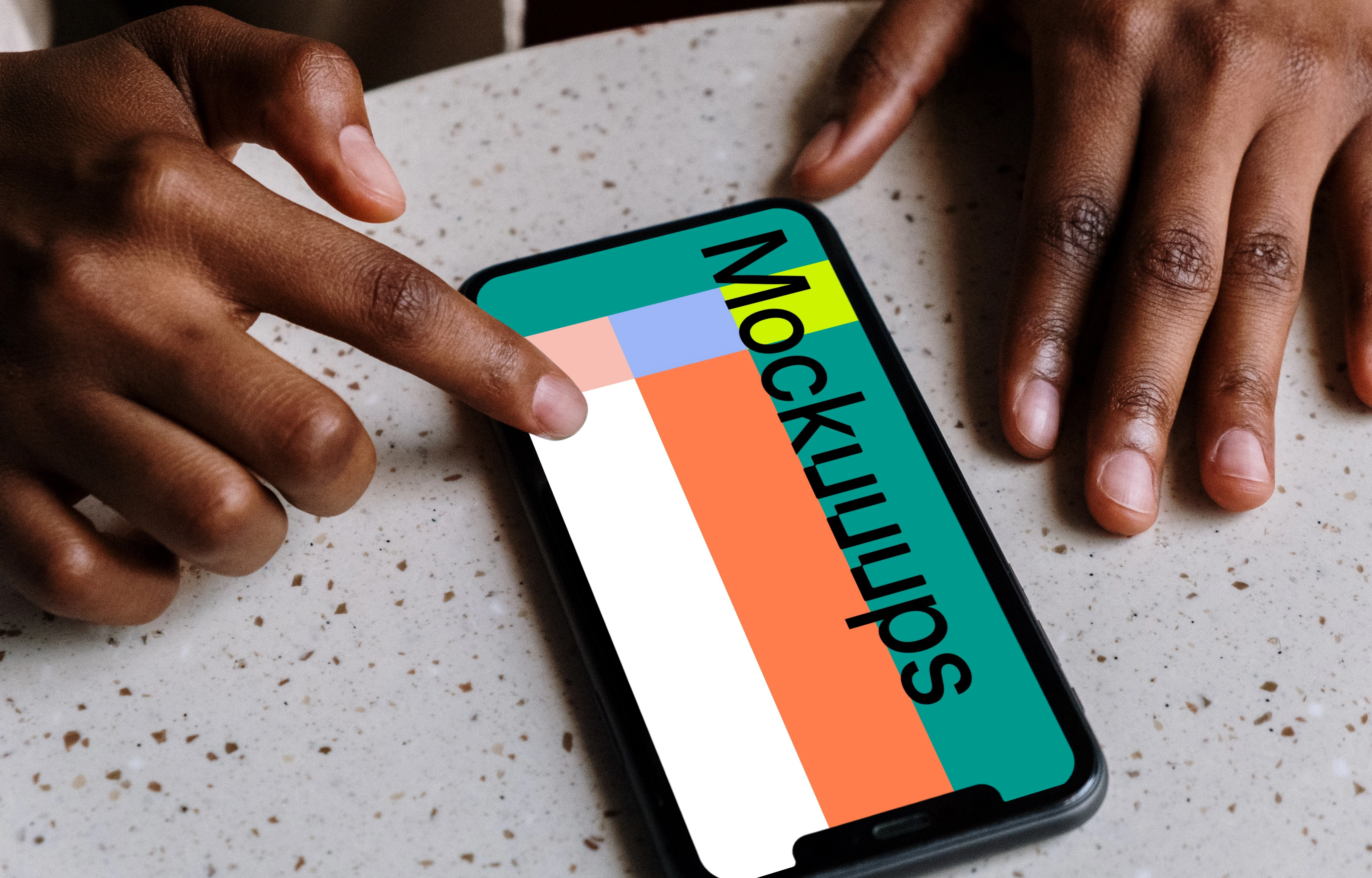 iPhone mockup on a white slab