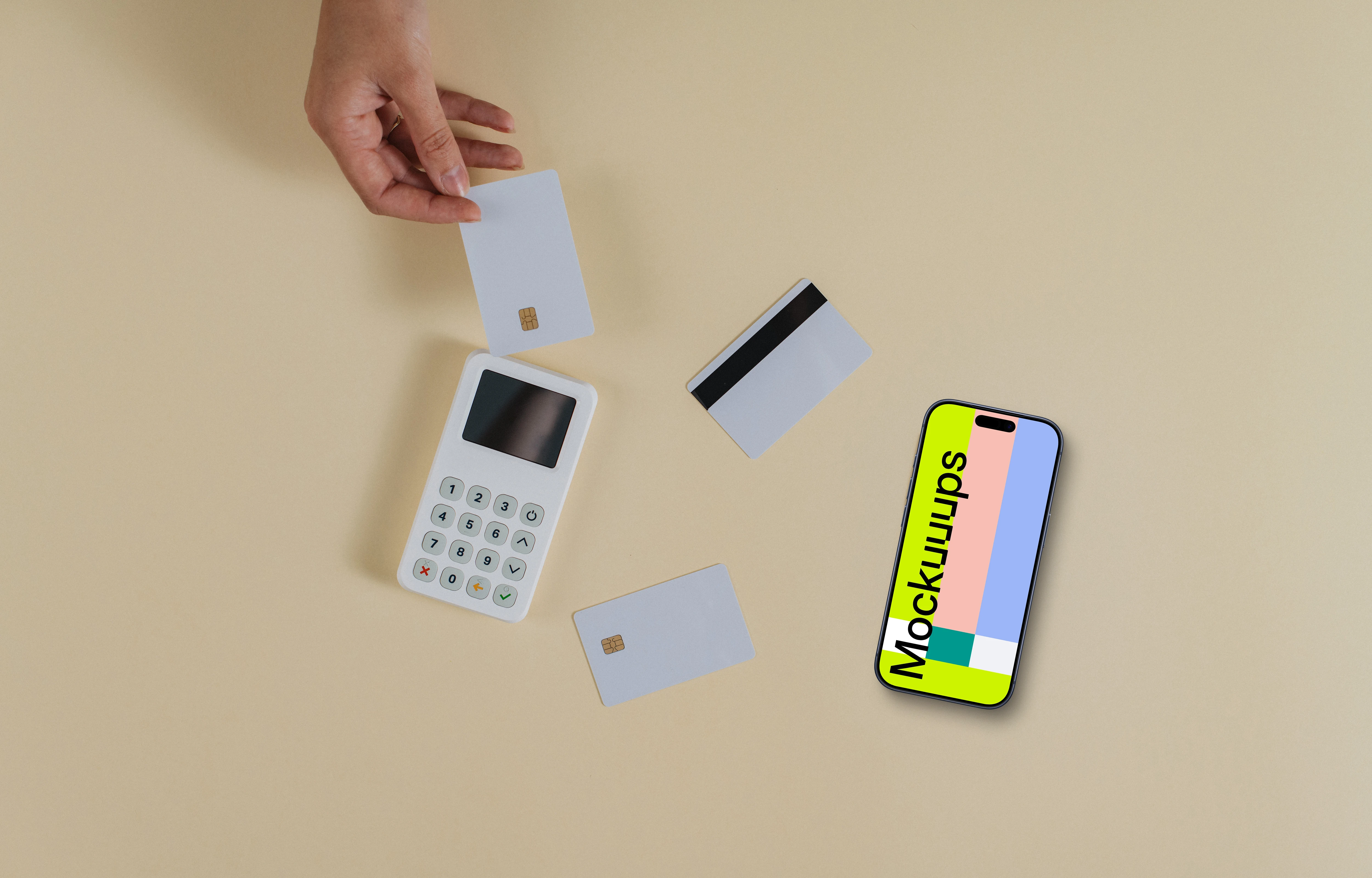 iPhone mockup on beige solid background next to the payment terminal