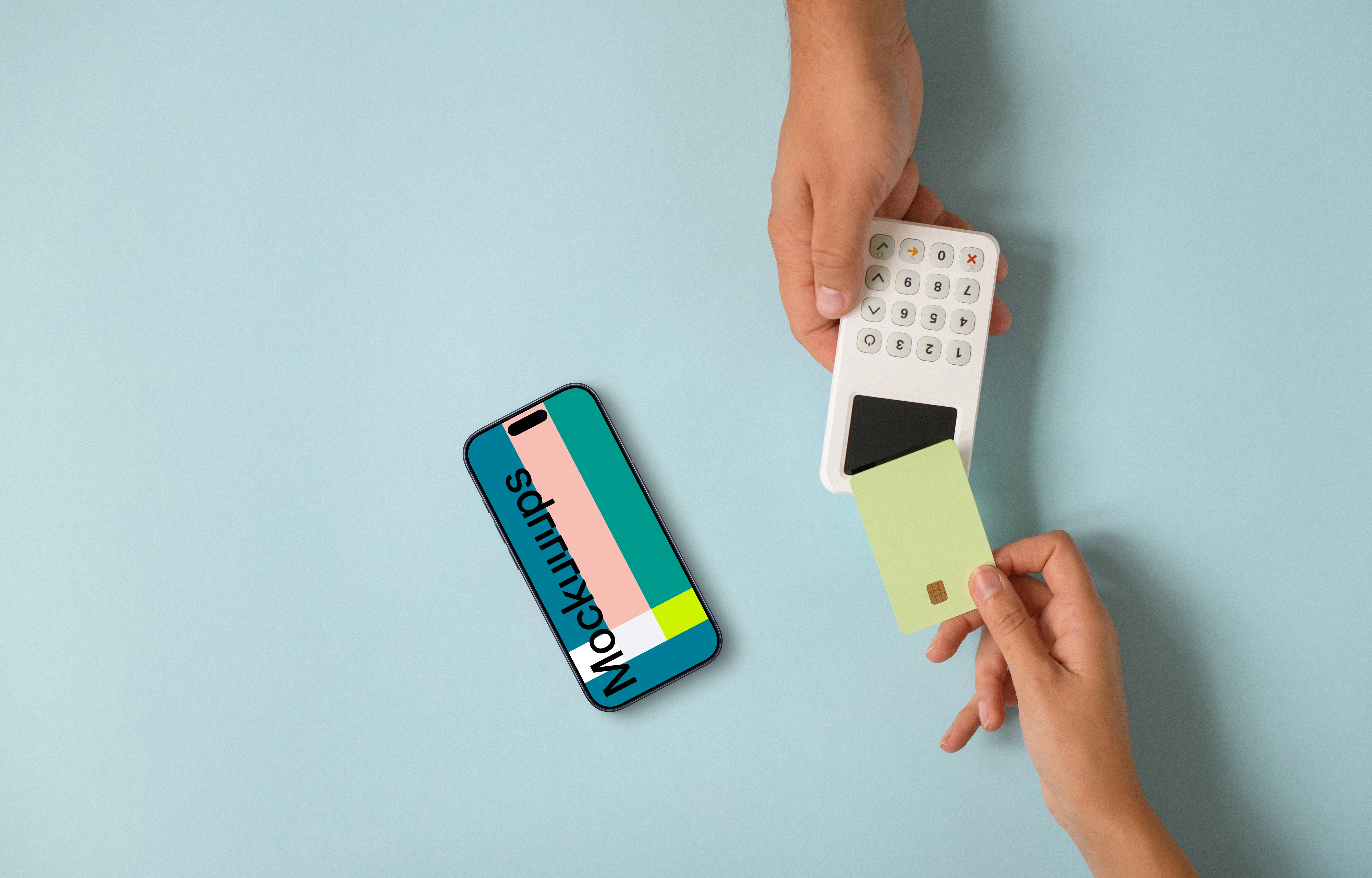 iPhone mockup on blue background including contactless payment