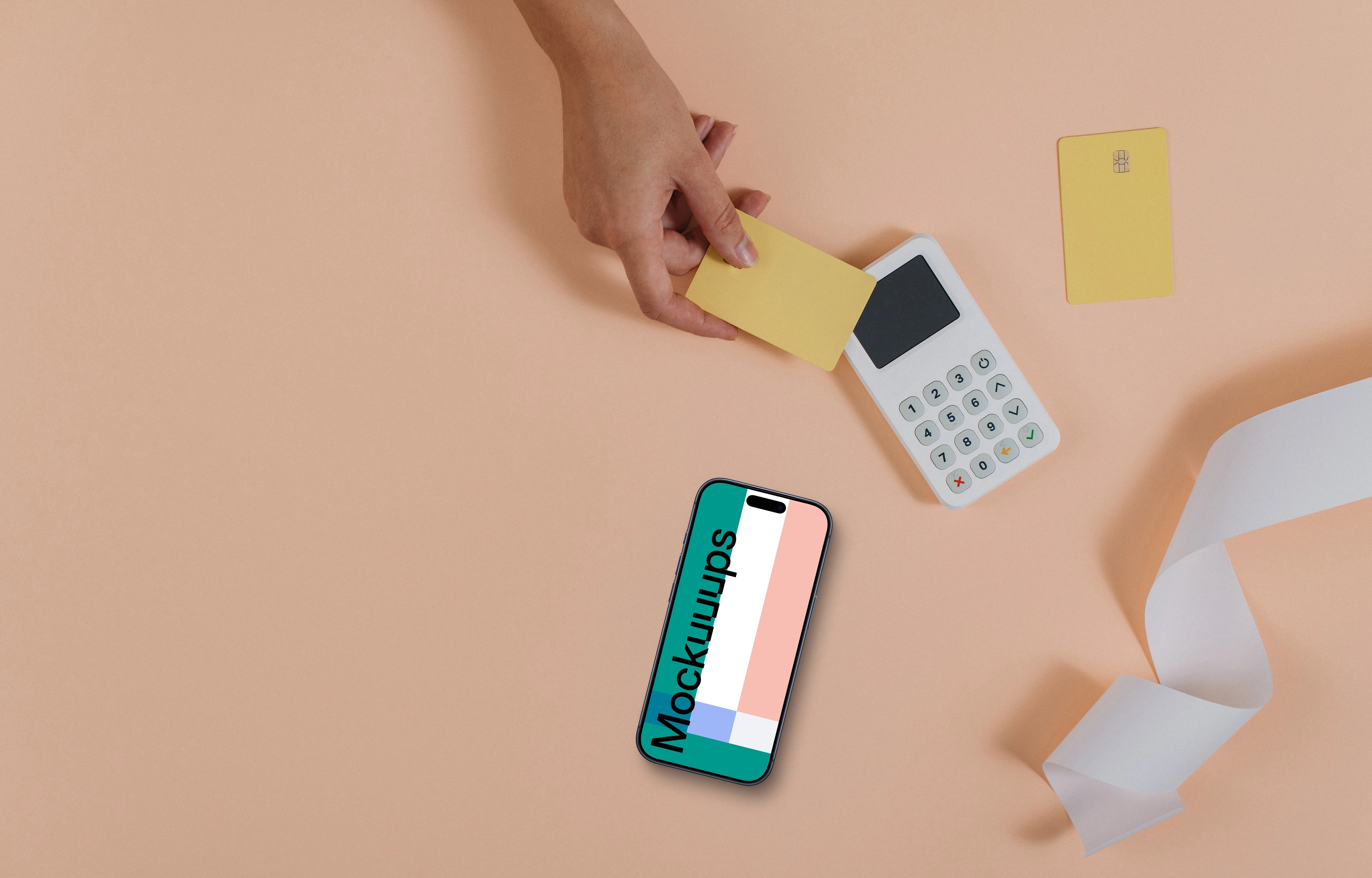 iPhone mockup on orange background with payment terminal