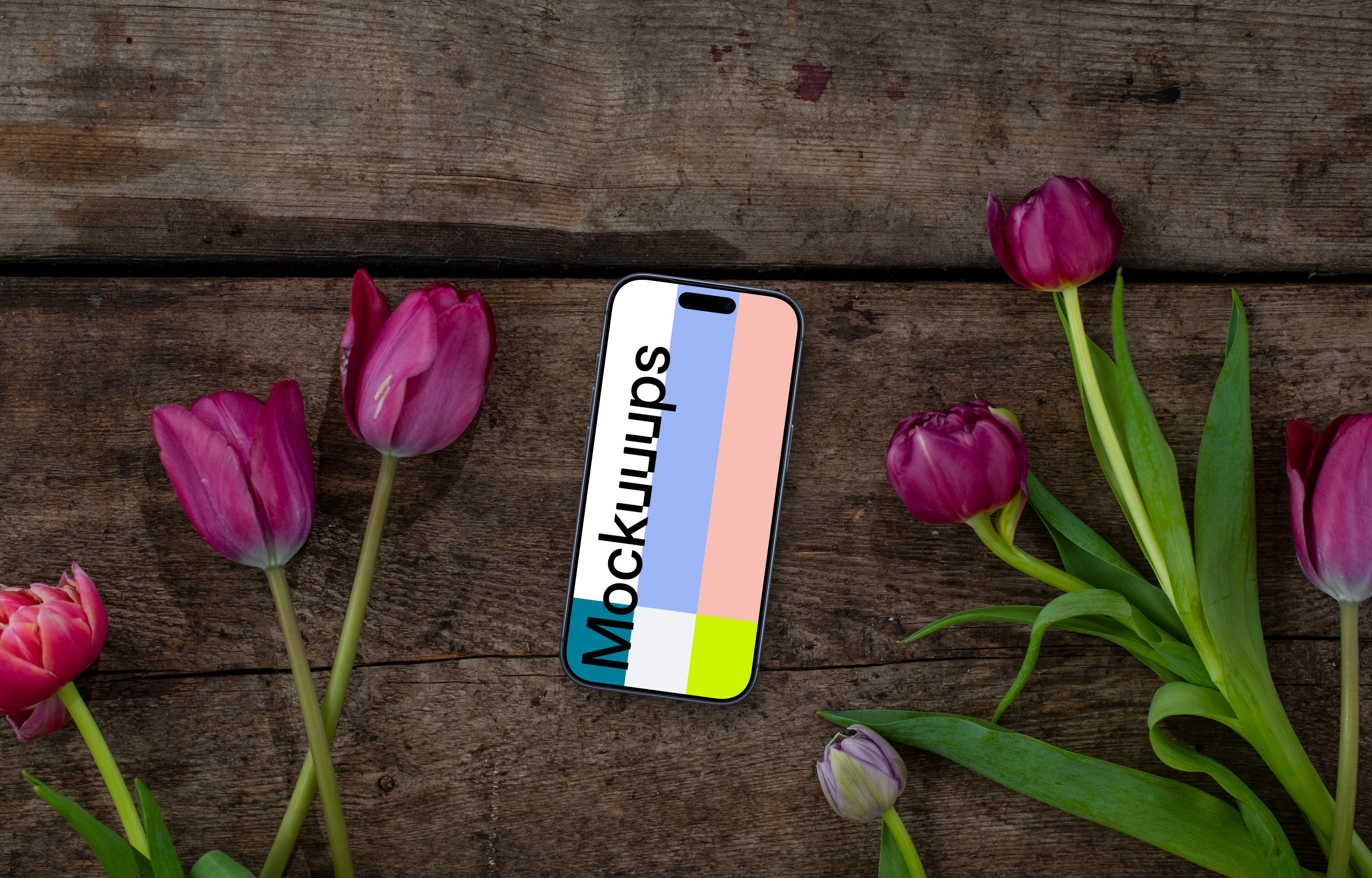 iPhone with tulips in Viva Magenta color