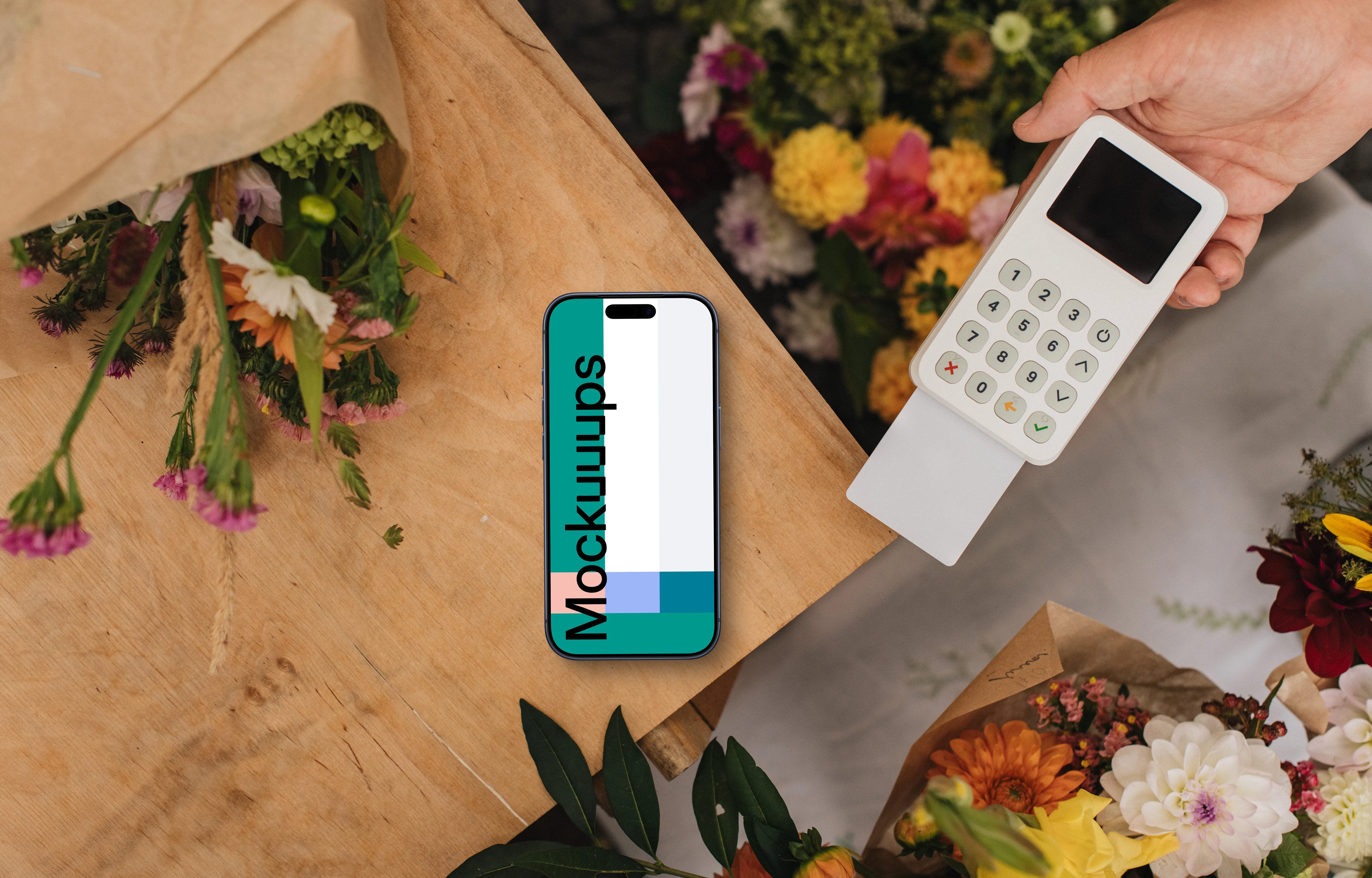 Card transaction in flower shop and an iPhone mockup