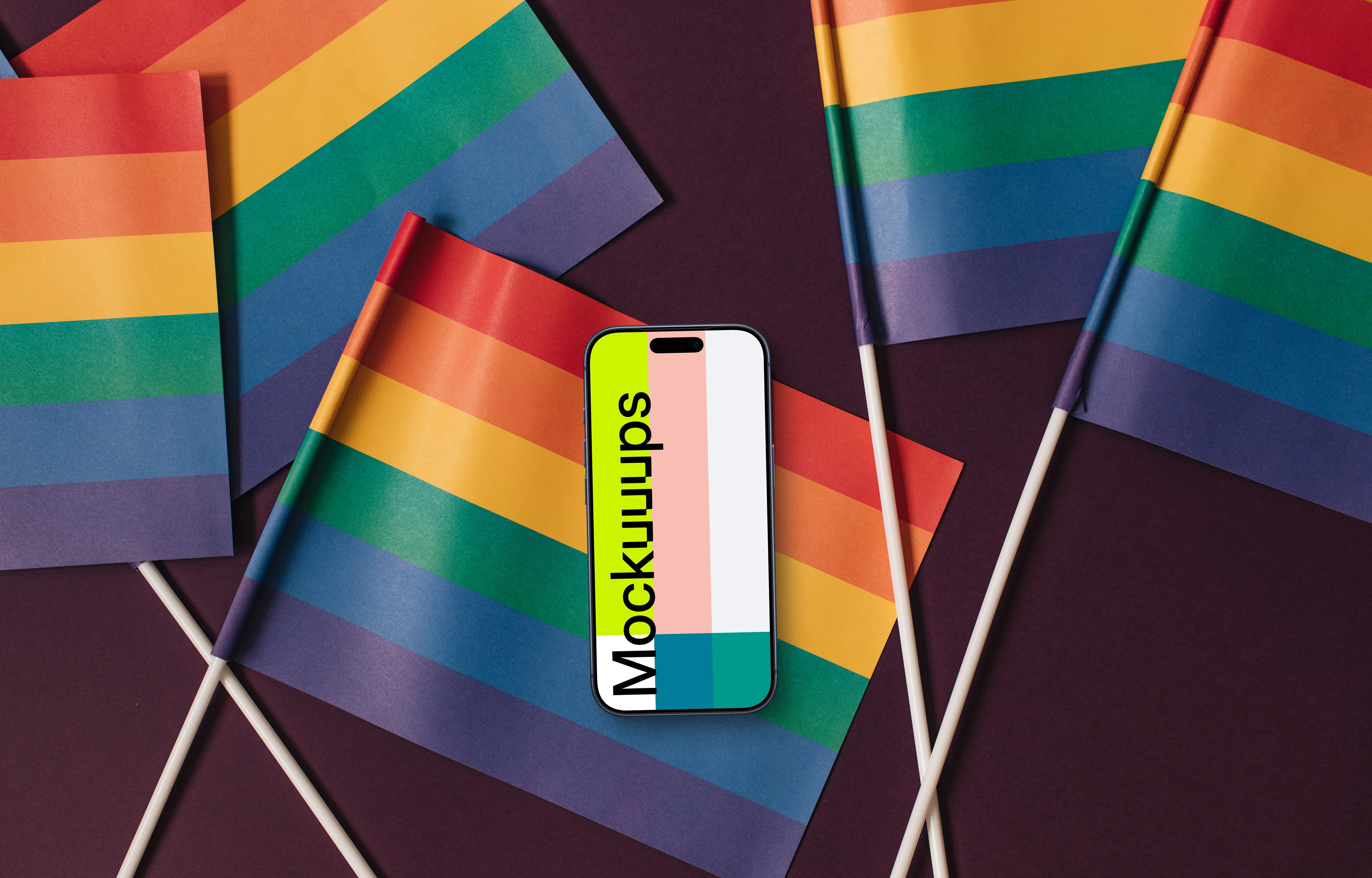 Smartphone mockup on rainbow flags