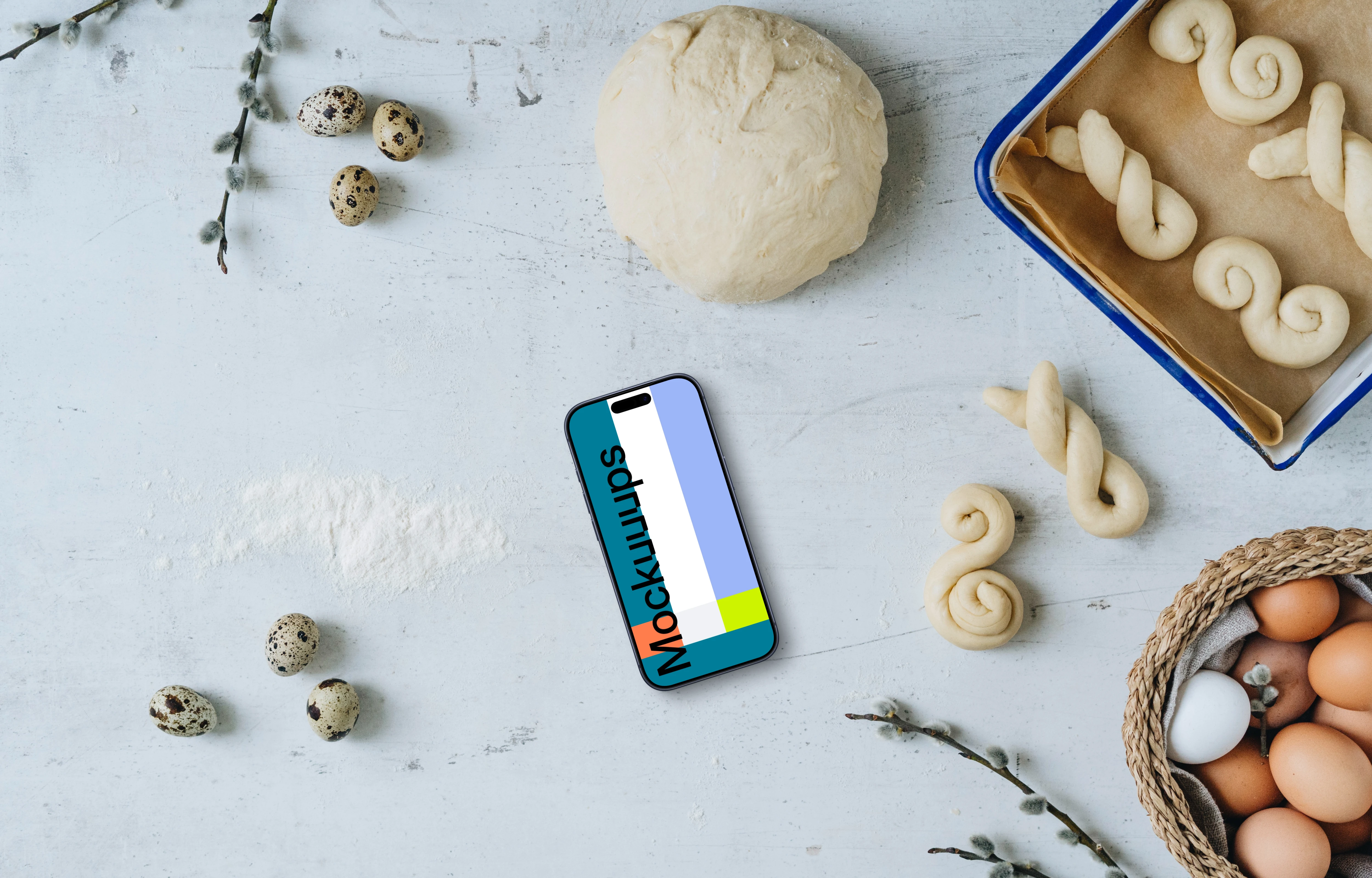 Smartphone mockup with Easter pastries being made