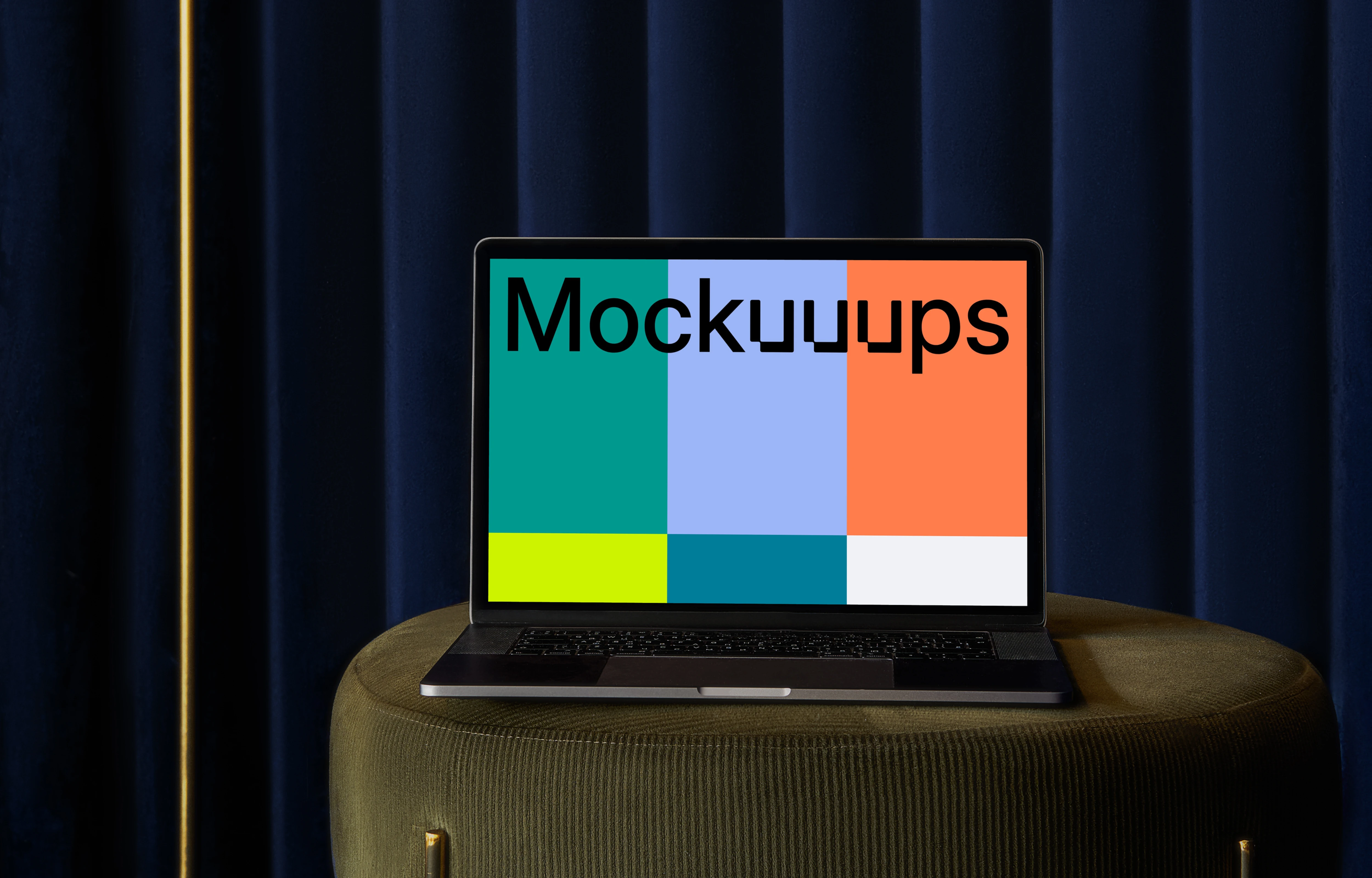 MacBook mockup on a sofa stool with blue curtain in the background