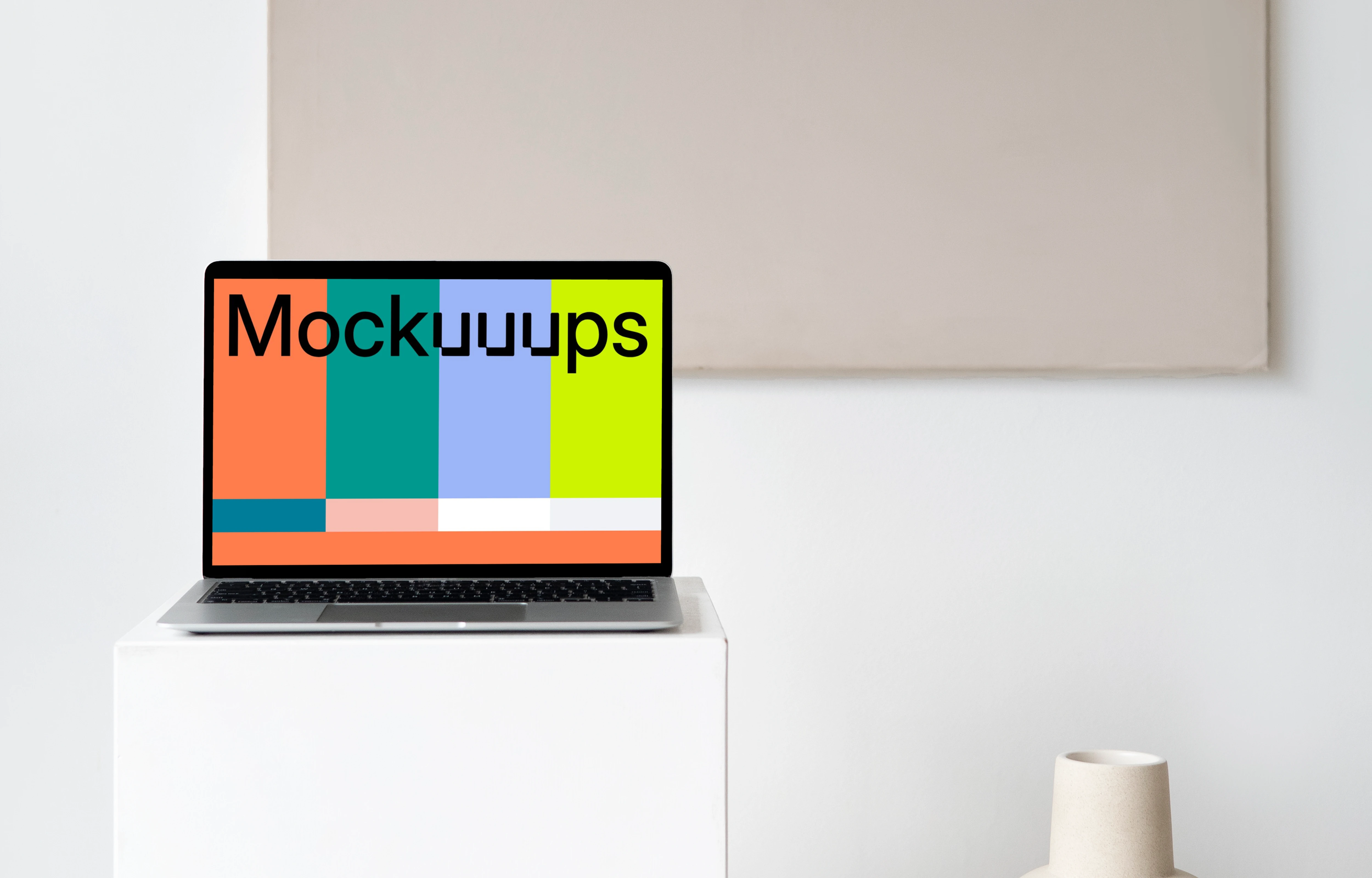 MacBook mockup on a stool with brown canvas