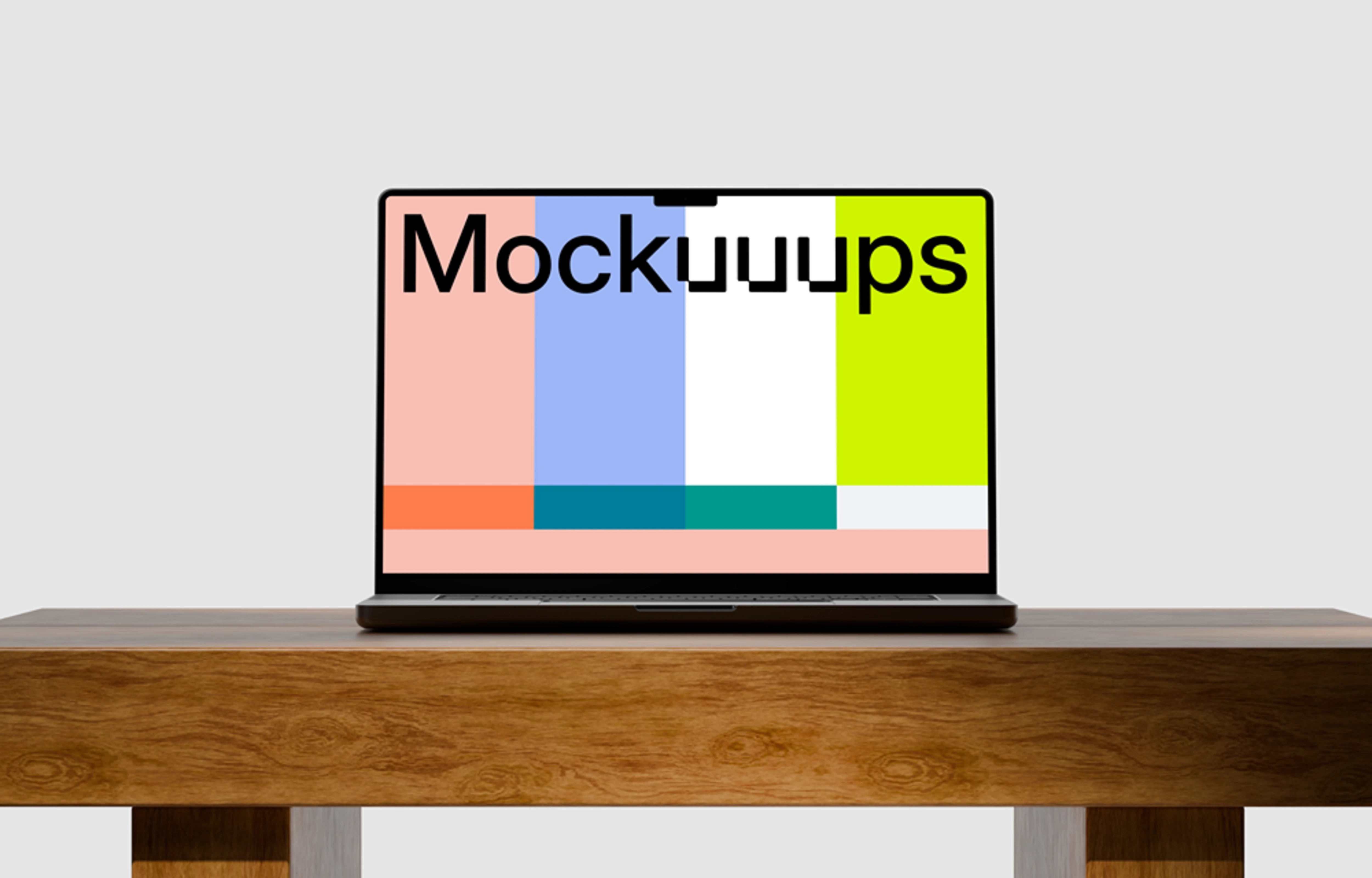 MacBook Pro 14 mockup on wooden table with white background
