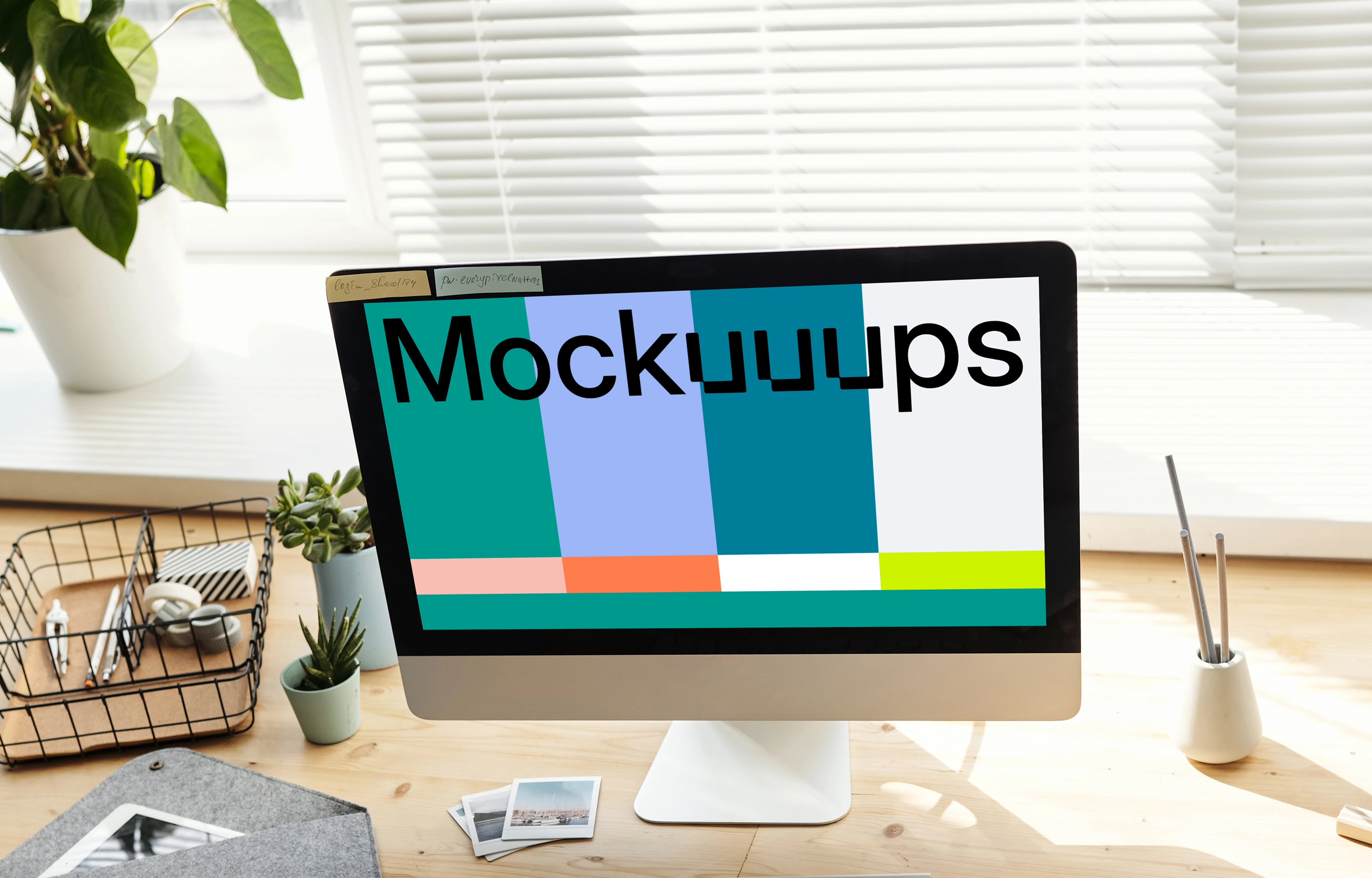 Mockup of a young girl using her iMac with a note by the side