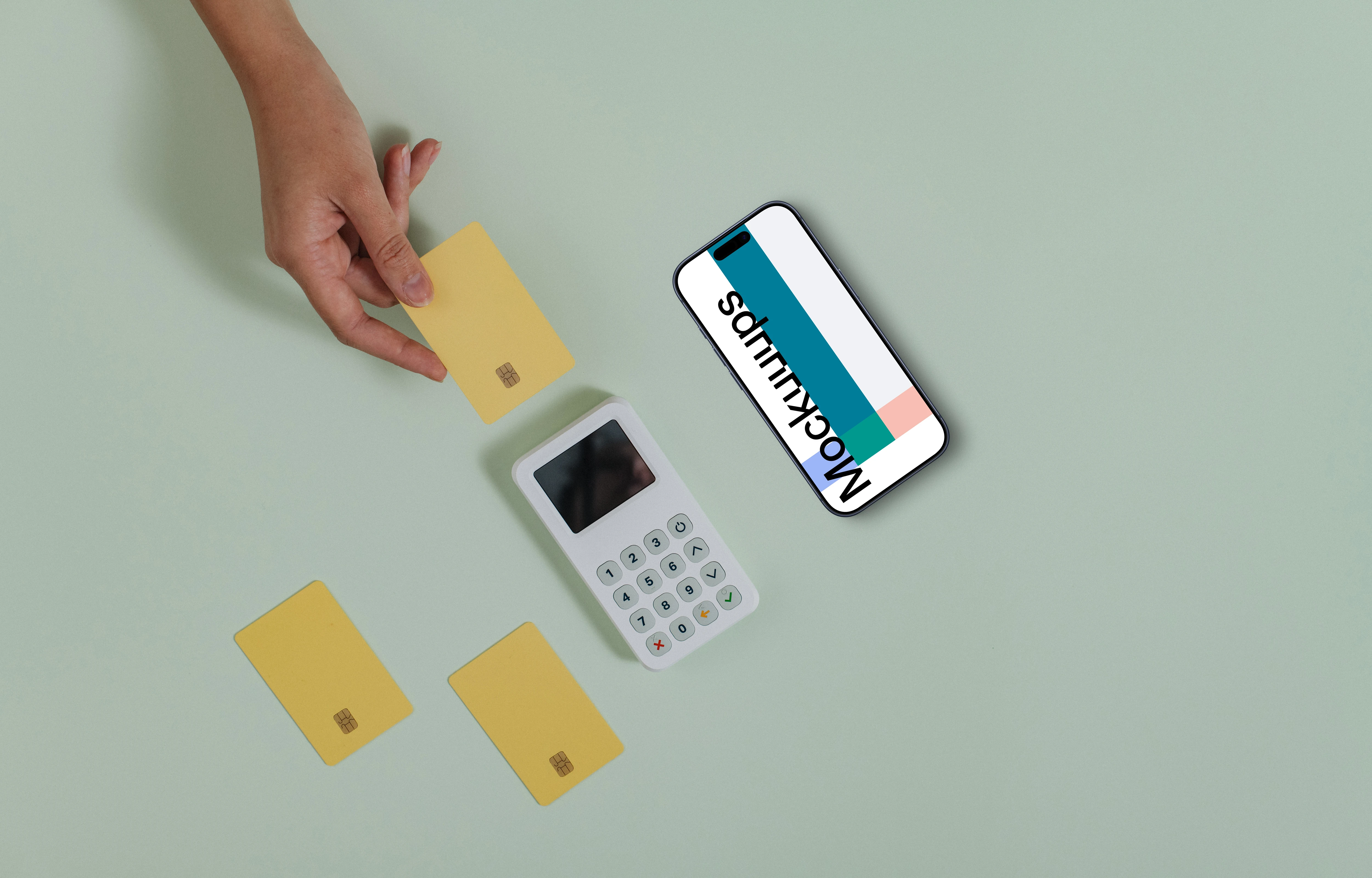 Payment terminal setup with iPhone on green backgorund