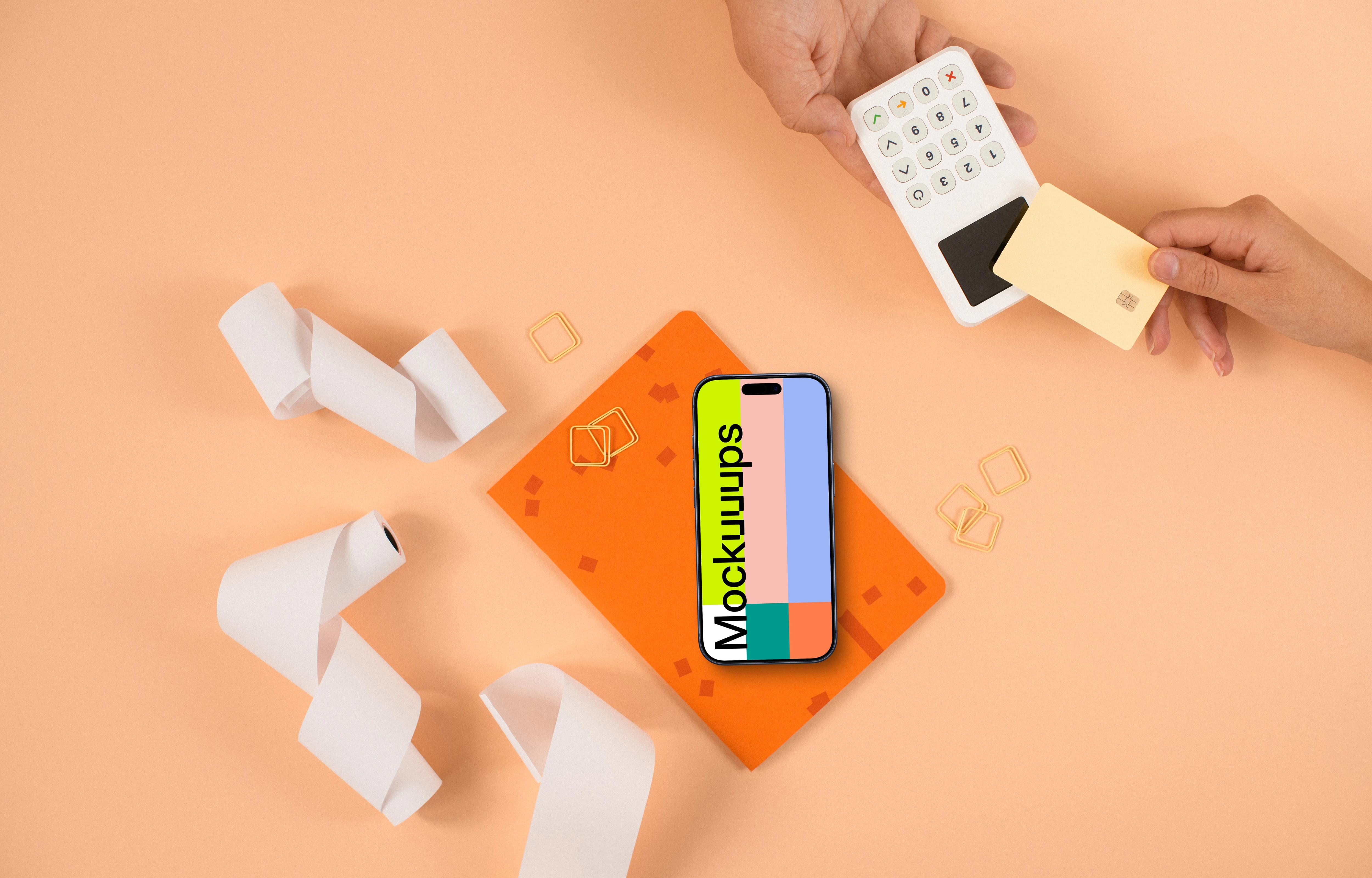 Peachy background, payment terminal and an iPhone mockup
