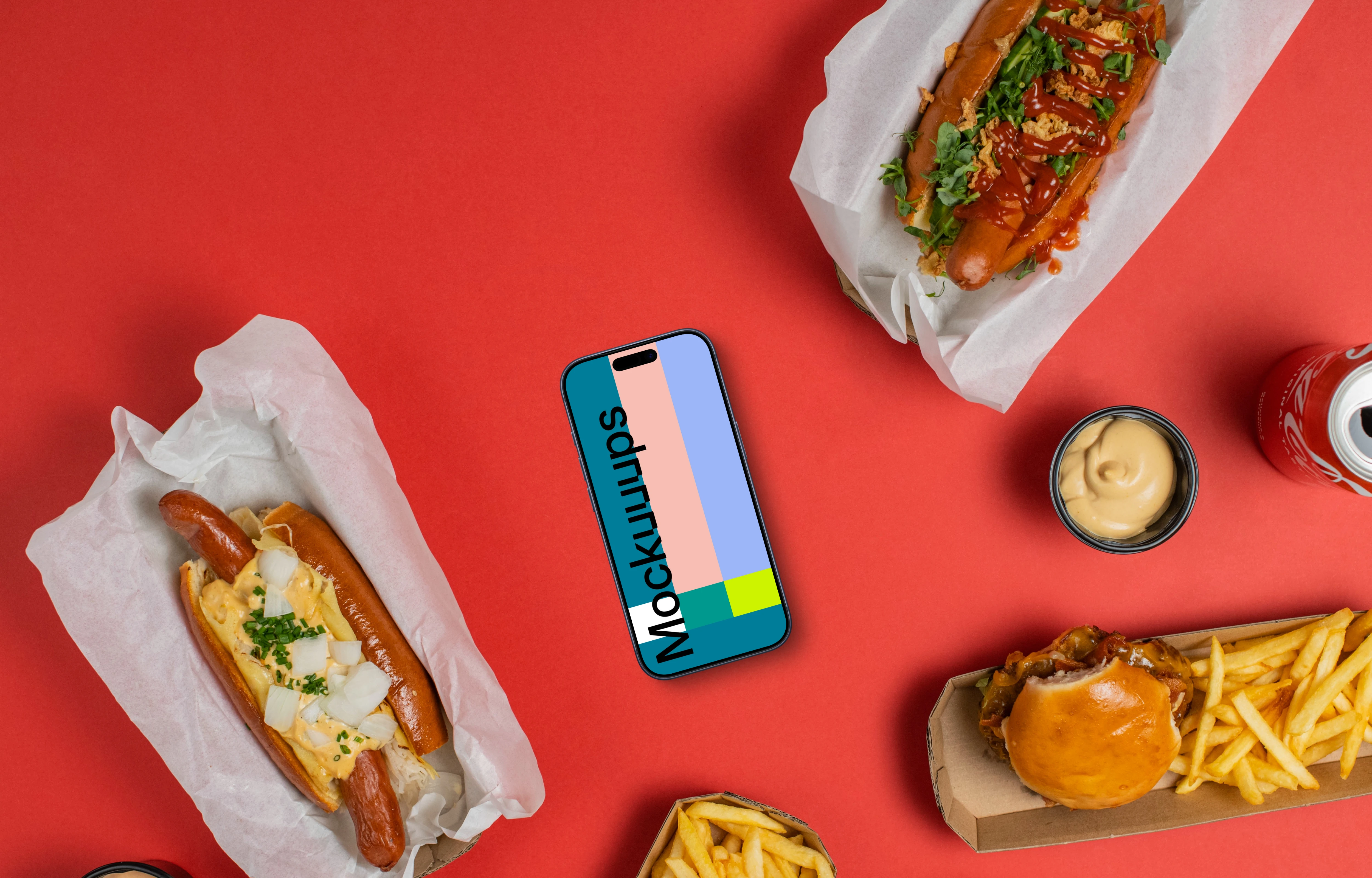 Smartphone mockup surrounded by hot-dogs