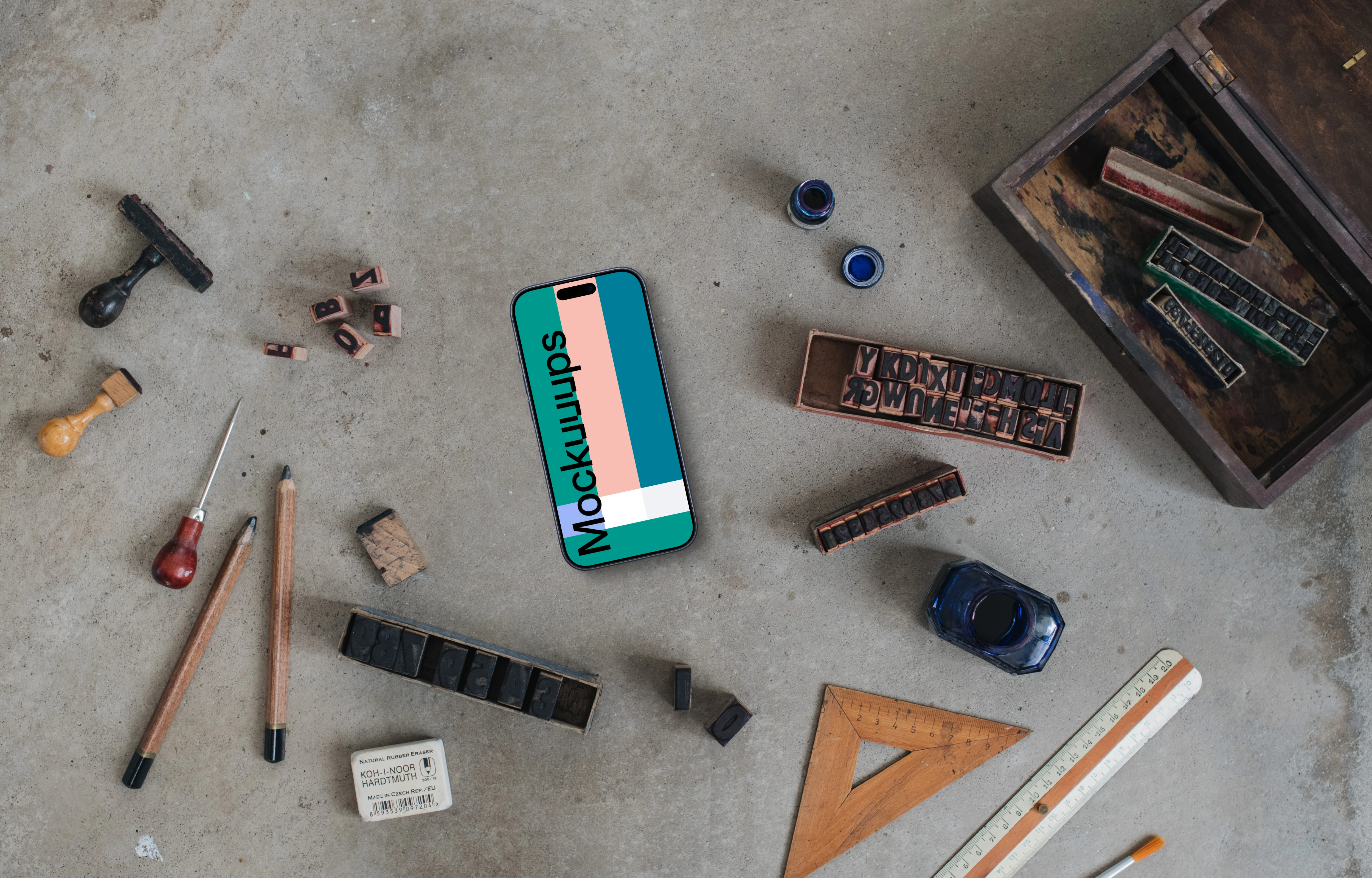 Phone mockup with rulers and stamps on the side