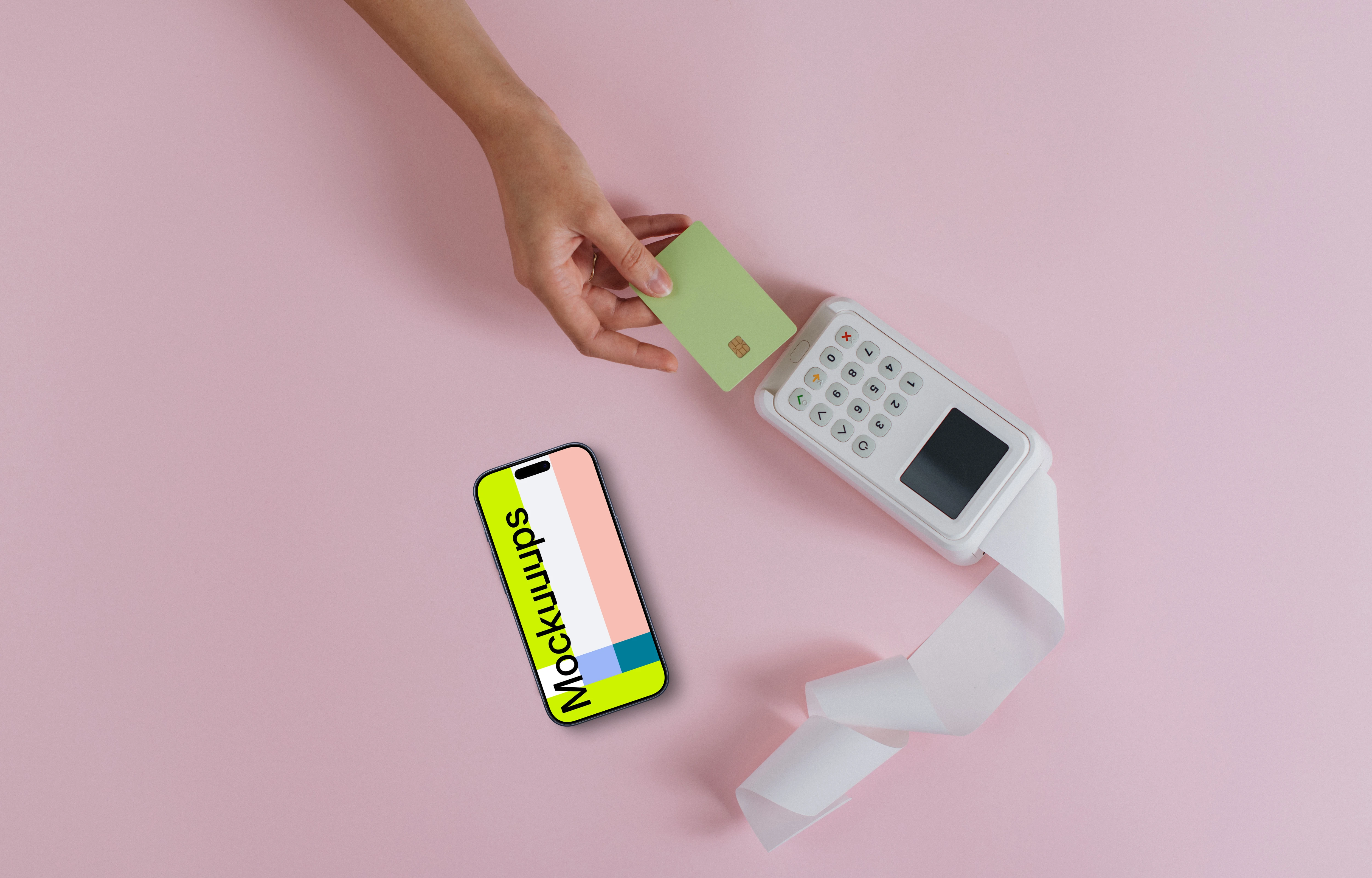 Pink background with an iPhone mockup and payment terminal