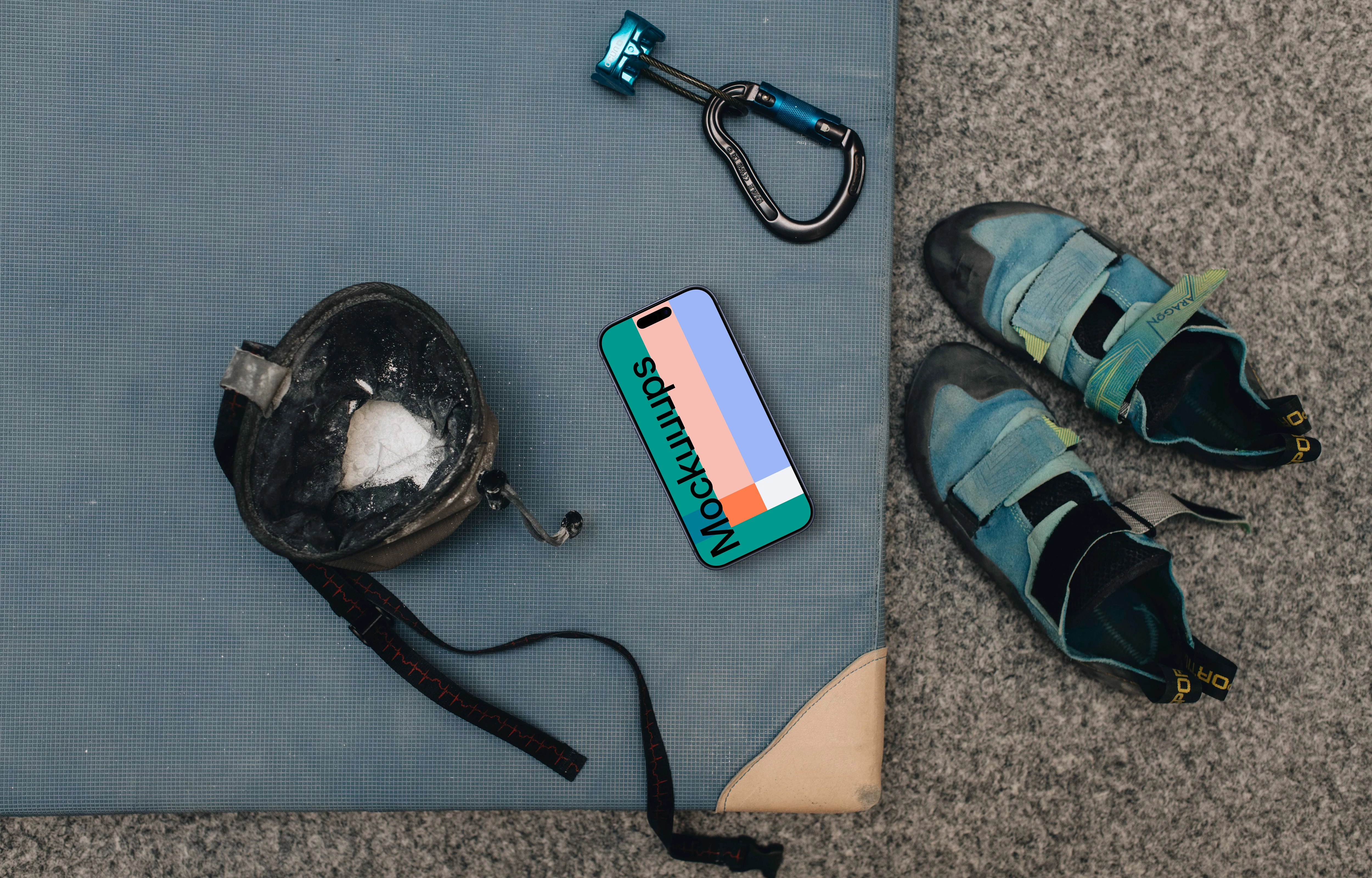 iPhone mockup with climbing equipment
