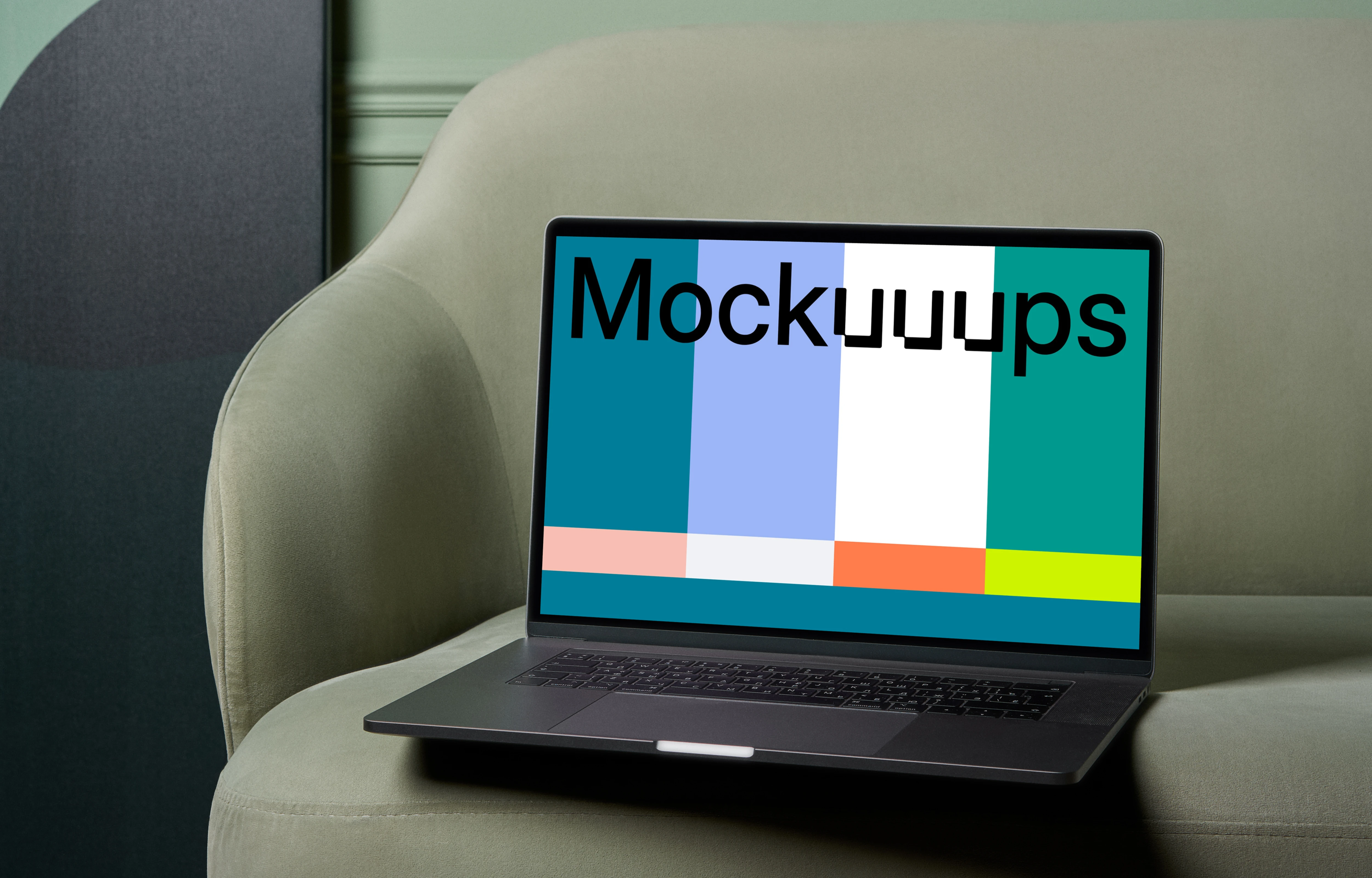 Simple MacBook mockup on a cream colored couch