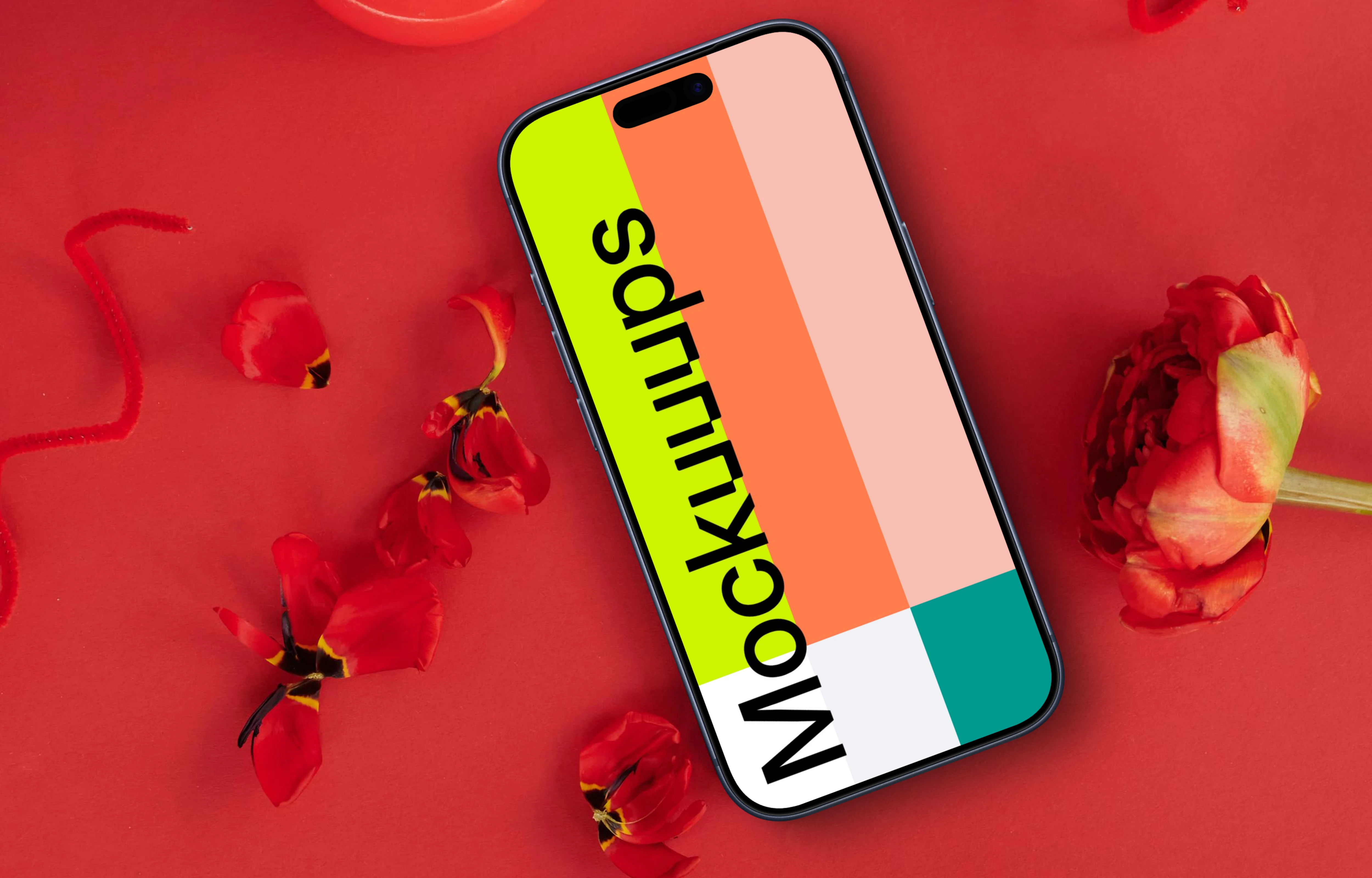 Smartphone mockup in a red scene with flowers